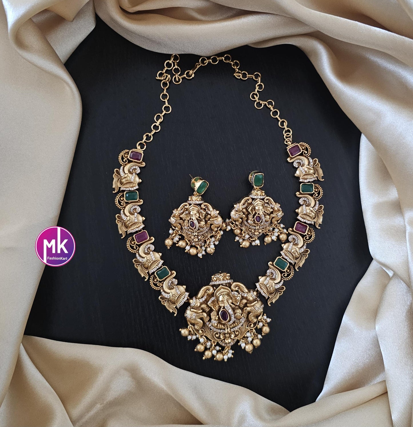 Ganesa Matte gold finish AD/CZ stones big necklace with matching Jhumka- Bridal Necklace - Gold Replica - Unique Collection - MK Fashionkart