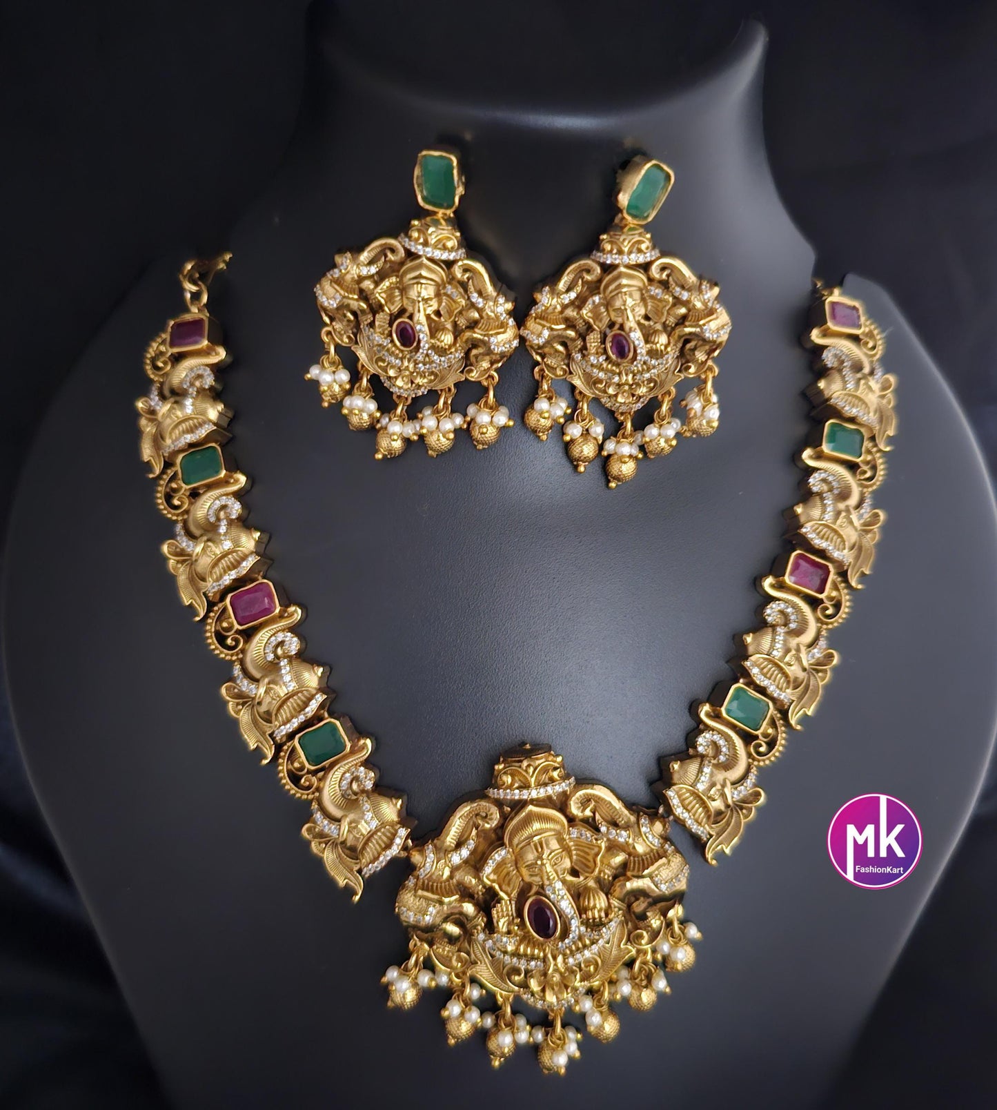 Ganesa Matte gold finish AD/CZ stones big necklace with matching Jhumka- Bridal Necklace - Gold Replica - Unique Collection - MK Fashionkart