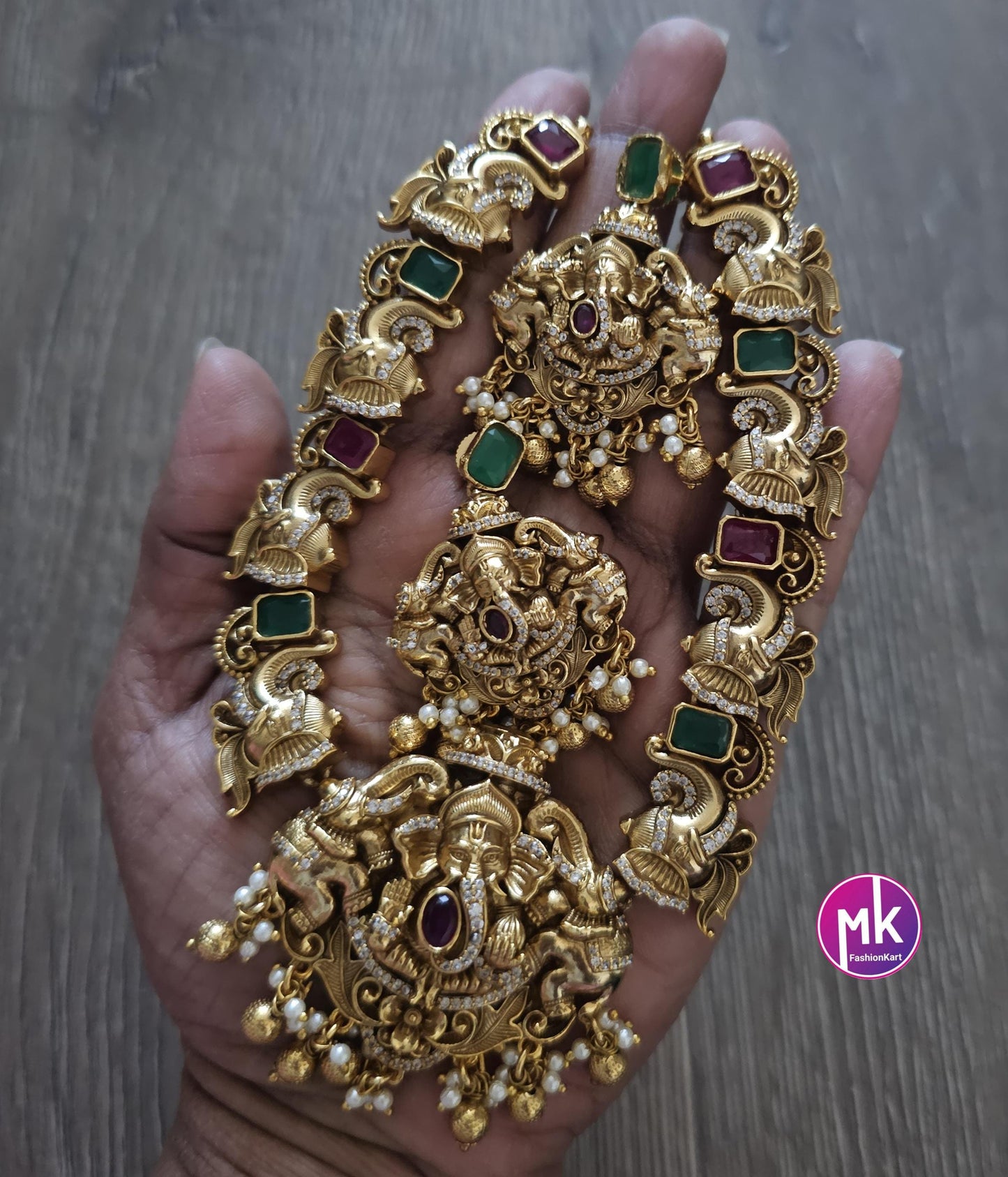 Ganesa Matte gold finish AD/CZ stones big necklace with matching Jhumka- Bridal Necklace - Gold Replica - Unique Collection - MK Fashionkart