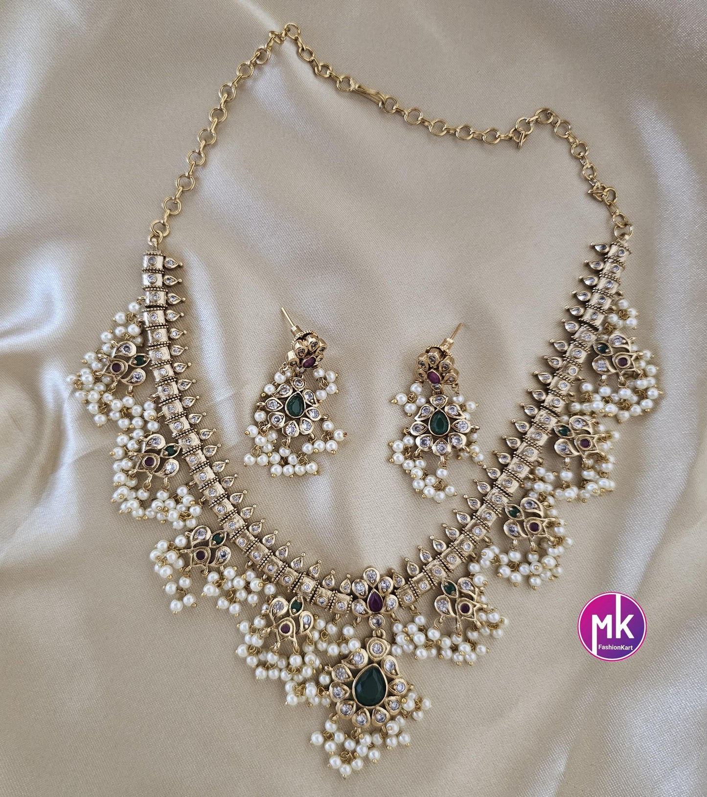 Beautiful Guttapusalu Matte gold finish AD stones necklace with matching Earrings - Bridal Necklace - Gold Replica - MK Fashionkart