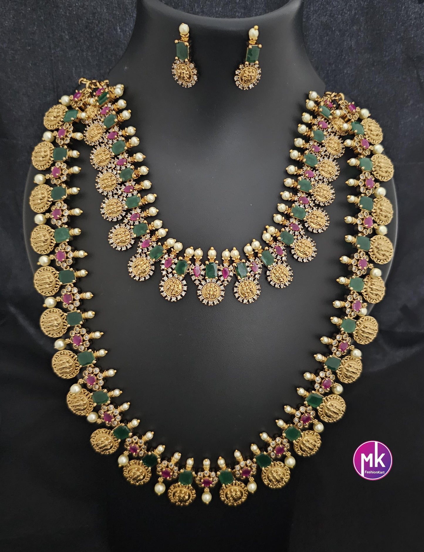Ramparivar Kasu Premium quality Combo Multi-color AD stone matte gold finish Combo set - Gold Replica - Bridal Haram - MK Fashionkart