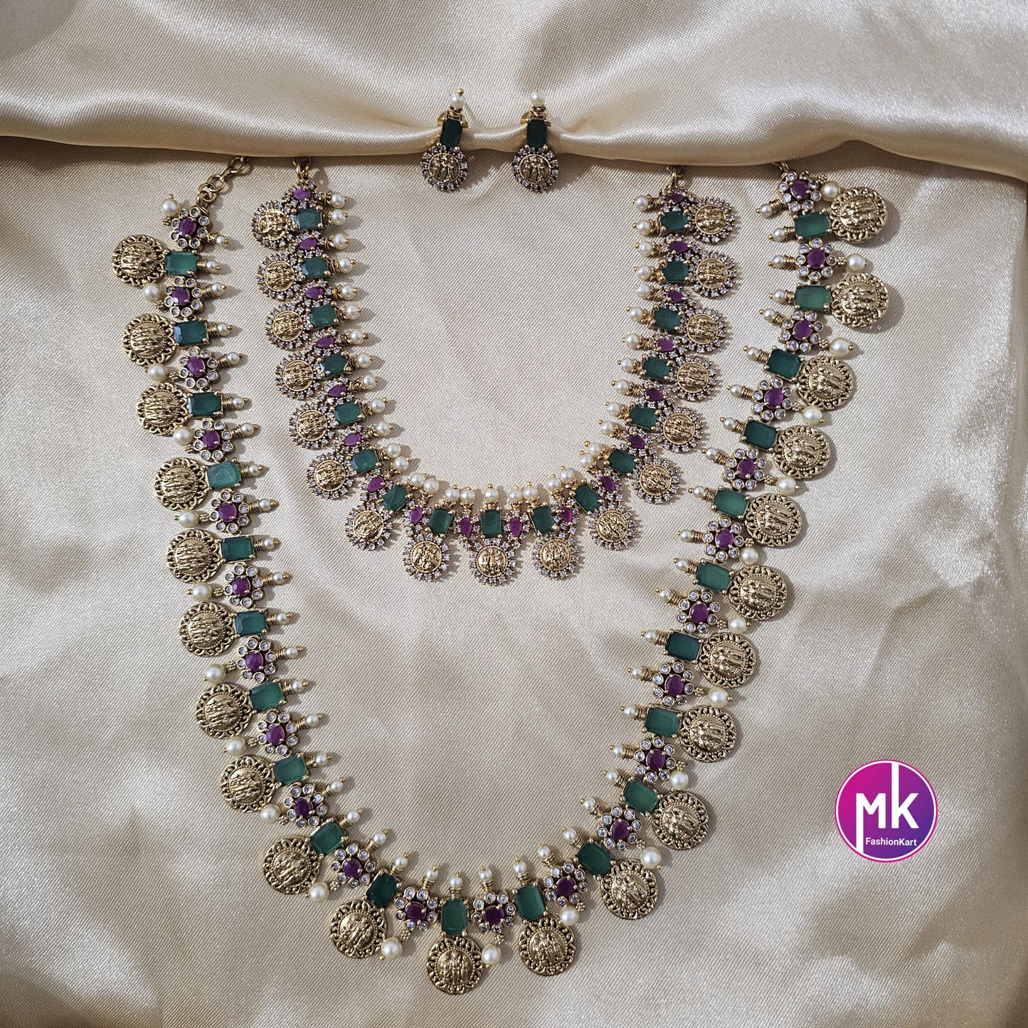 Ramparivar Kasu Premium quality Combo Multi-color AD stone matte gold finish Combo set - Gold Replica - Bridal Haram - MK Fashionkart