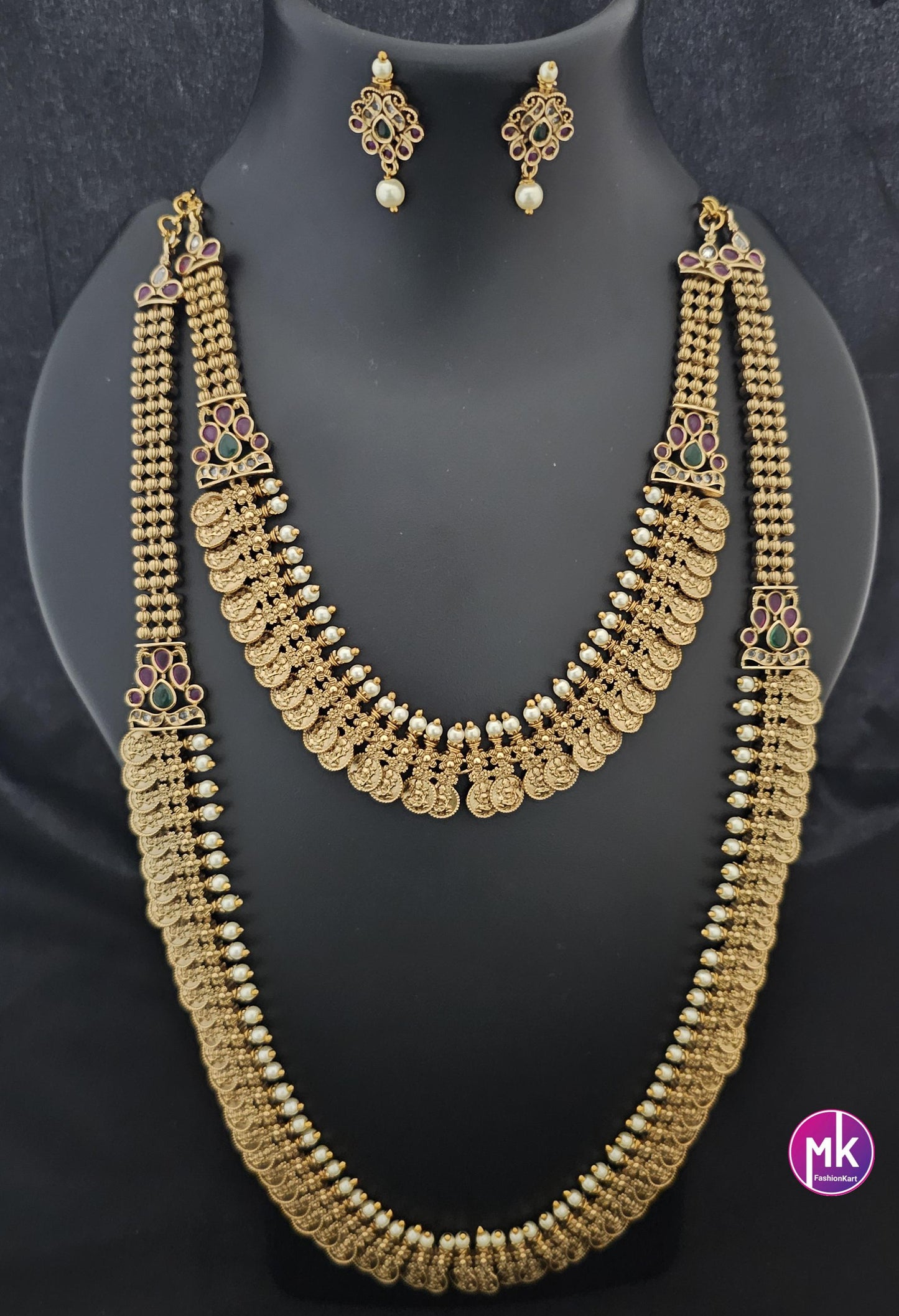 Lakshmi Kasu Premium quality Combo Kemp stones matte Gold finish Combo set - Gold Jewelry Replica - Bridal Haram - MK Fashionkart