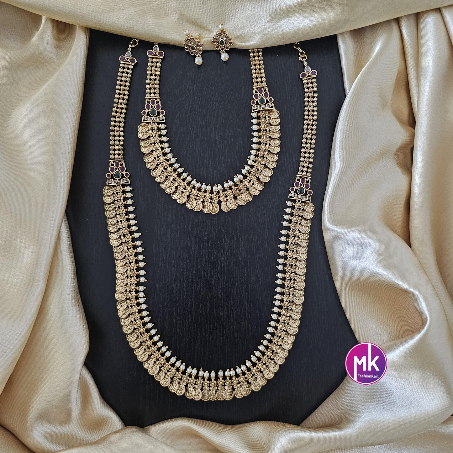 Lakshmi Kasu Premium quality Combo Kemp stones matte Gold finish Combo set - Gold Jewelry Replica - Bridal Haram - MK Fashionkart