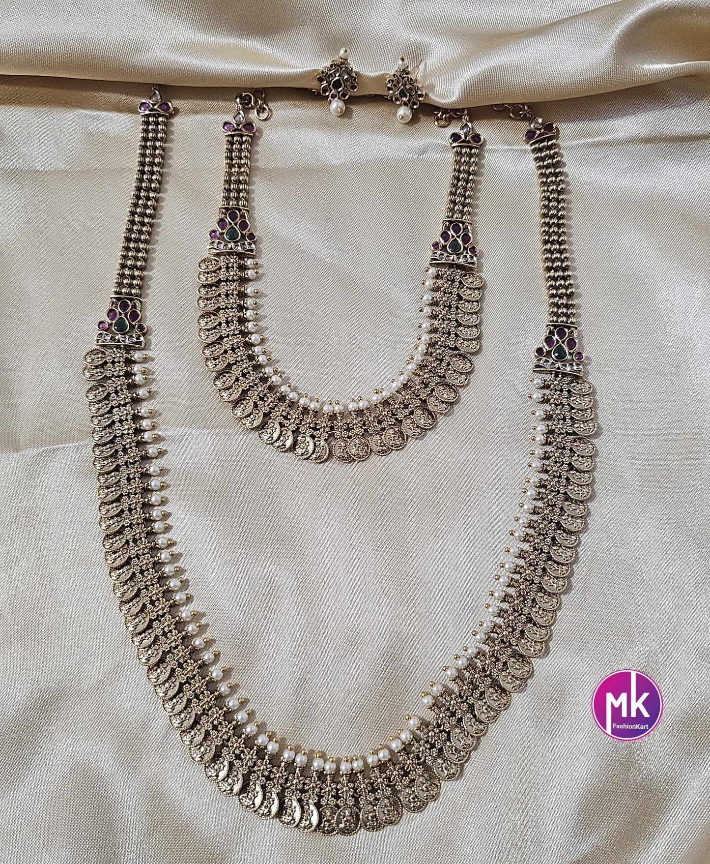 Lakshmi Kasu Premium quality Combo Kemp stones matte Gold finish Combo set - Gold Jewelry Replica - Bridal Haram - MK Fashionkart