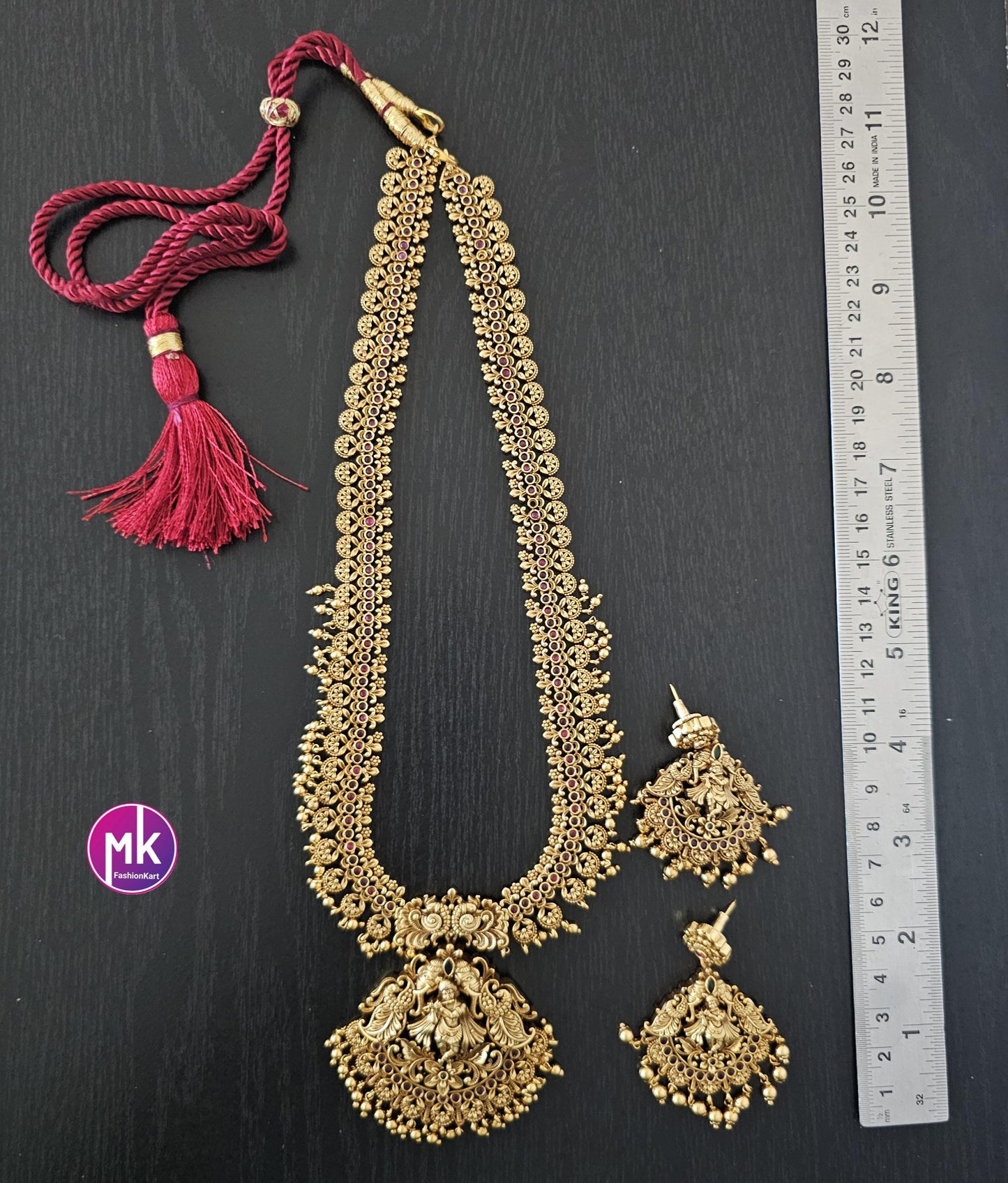 Stunning Krishna Premium quality Gold Jewelry Replica Haram with big pendent with matching Big Earrings - Bridal Haram - MK Fashionkart