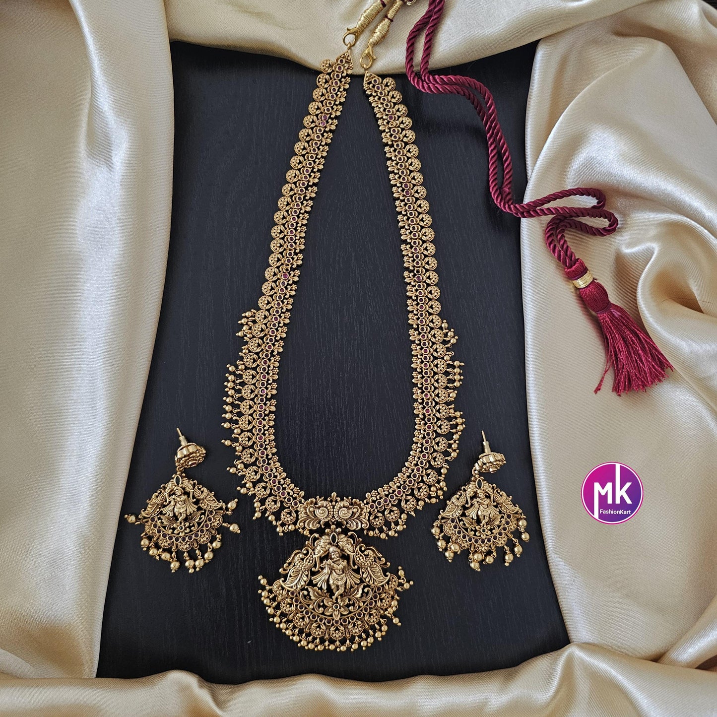 Stunning Krishna Premium quality Gold Jewelry Replica Haram with big pendent with matching Big Earrings - Bridal Haram - MK Fashionkart