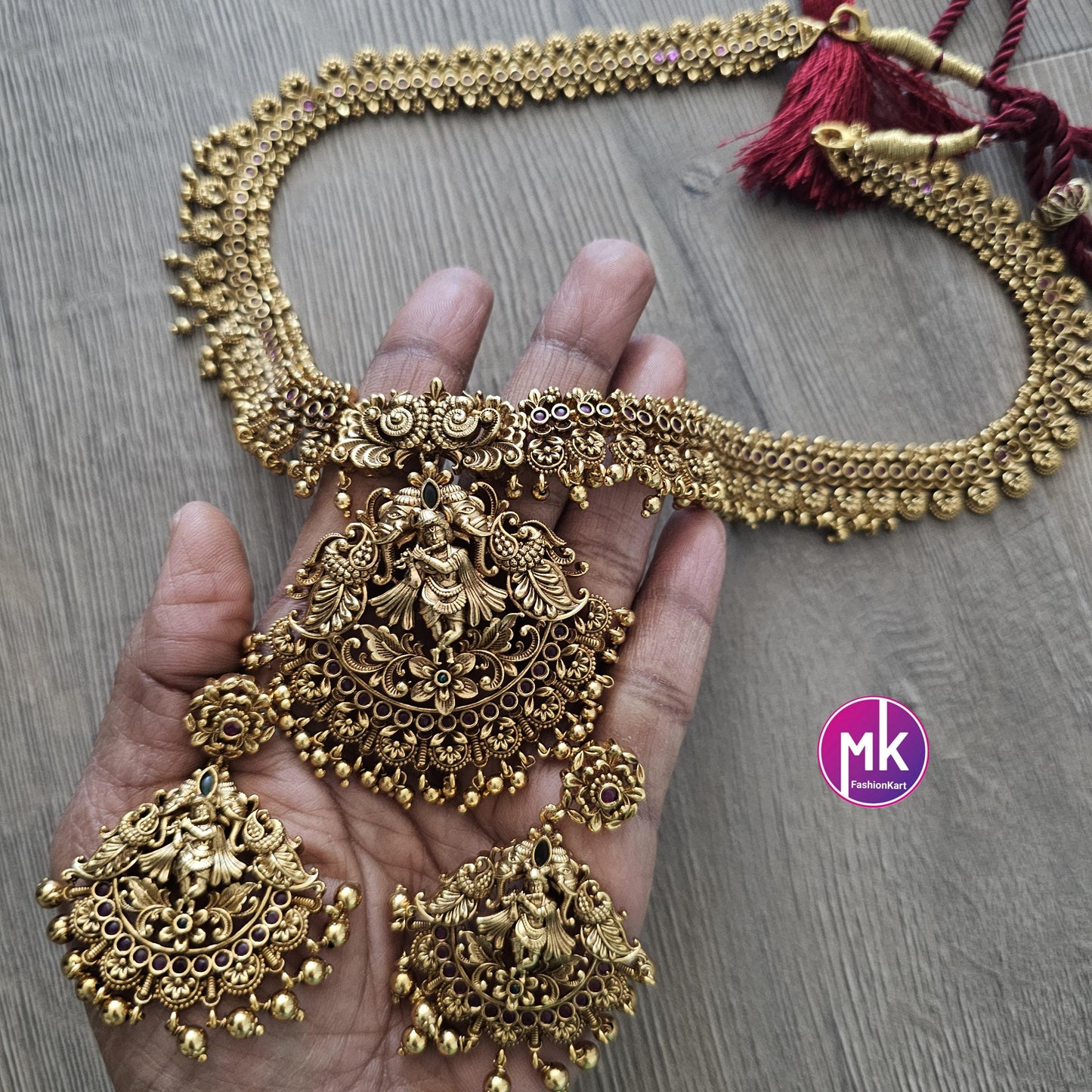 Stunning Krishna Premium quality Gold Jewelry Replica Haram with big pendent with matching Big Earrings - Bridal Haram - MK Fashionkart