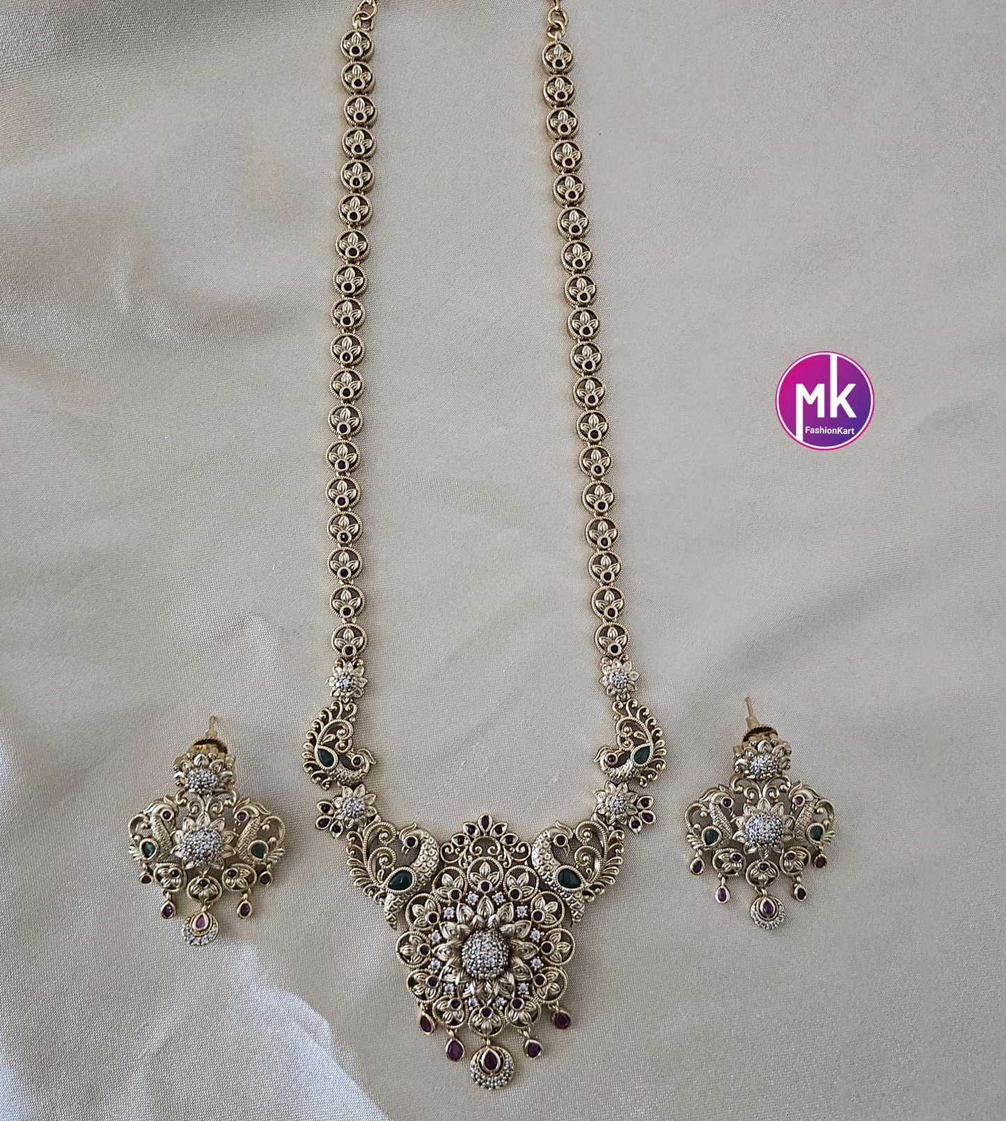 Flower peacock design Premium quality Gold Jewelry Replica Haram with big pendent with matching Big Earrings - Bridal Haram - MK Fashionkart