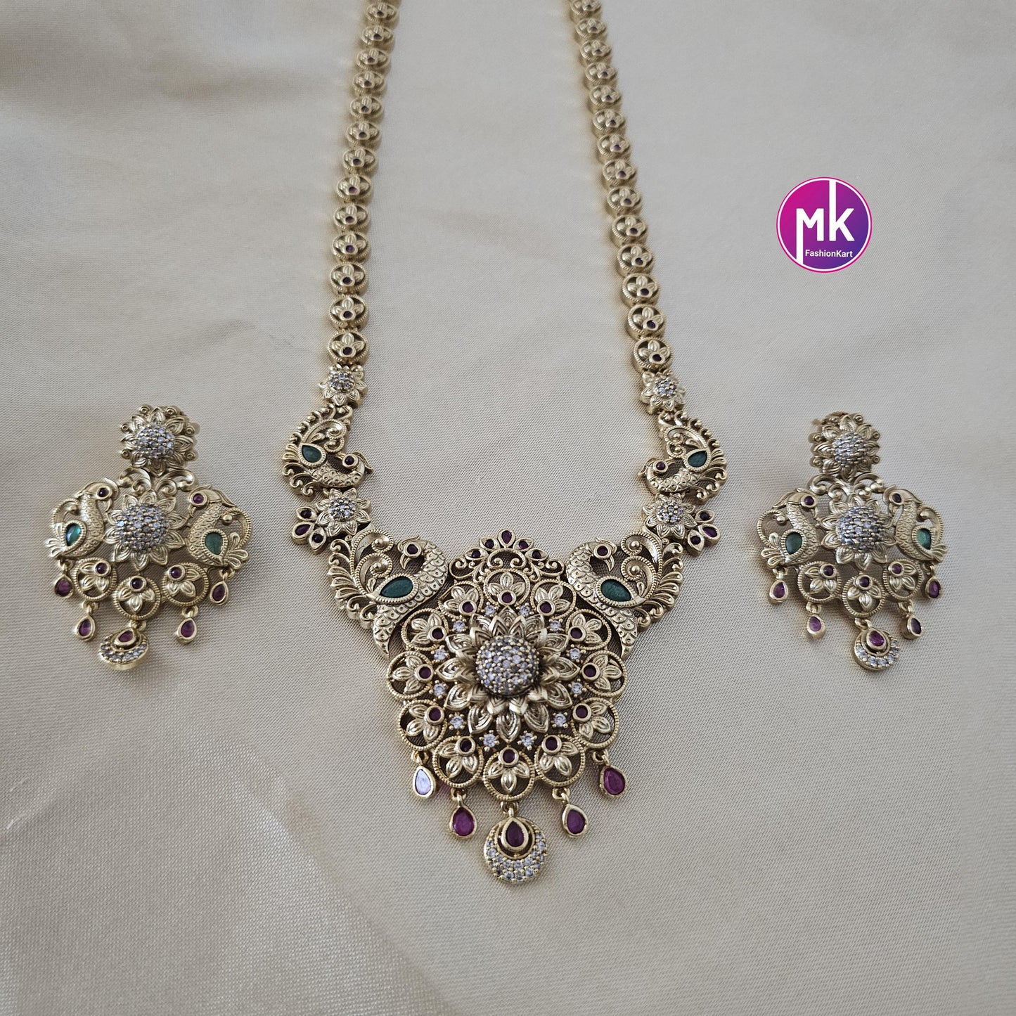 Flower peacock design Premium quality Gold Jewelry Replica Haram with big pendent with matching Big Earrings - Bridal Haram - MK Fashionkart