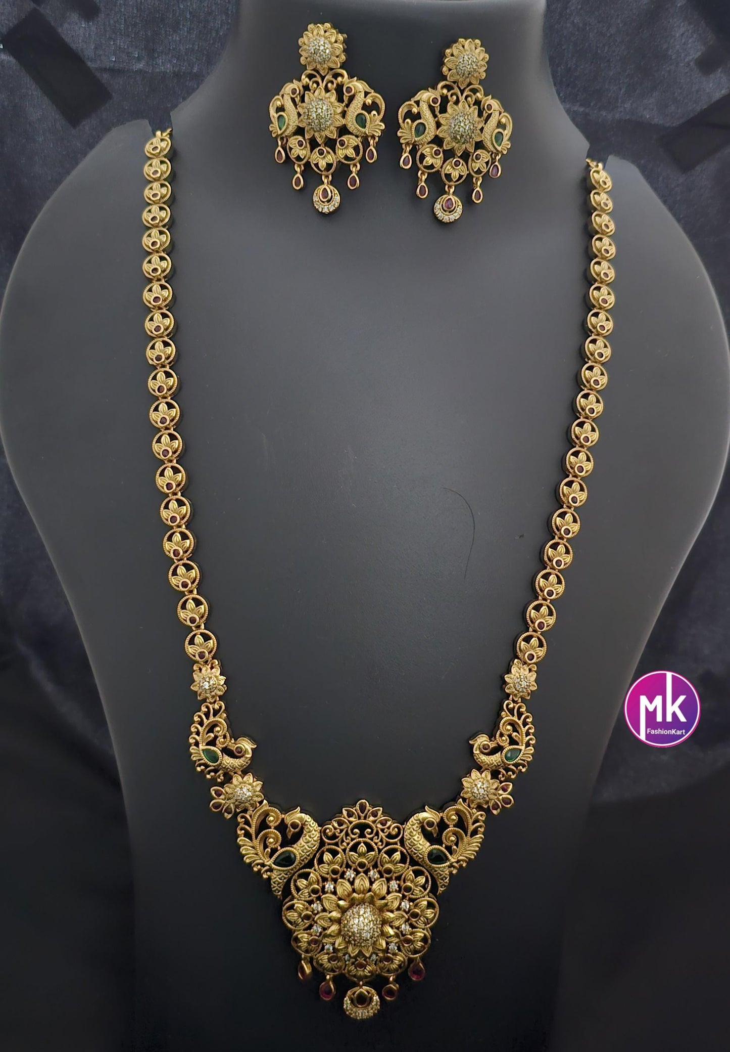 Flower peacock design Premium quality Gold Jewelry Replica Haram with big pendent with matching Big Earrings - Bridal Haram - MK Fashionkart