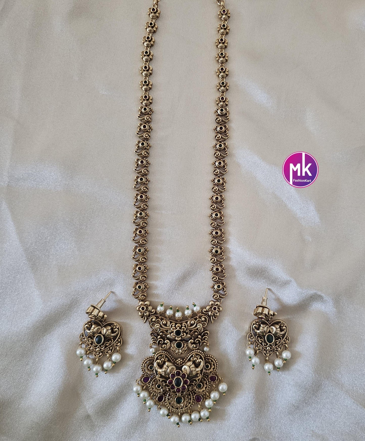 Elephant and Flower design Premium quality Gold Jewelry Replica Haram with pendent with matching Earrings - Bridal Haram - MK Fashionkart