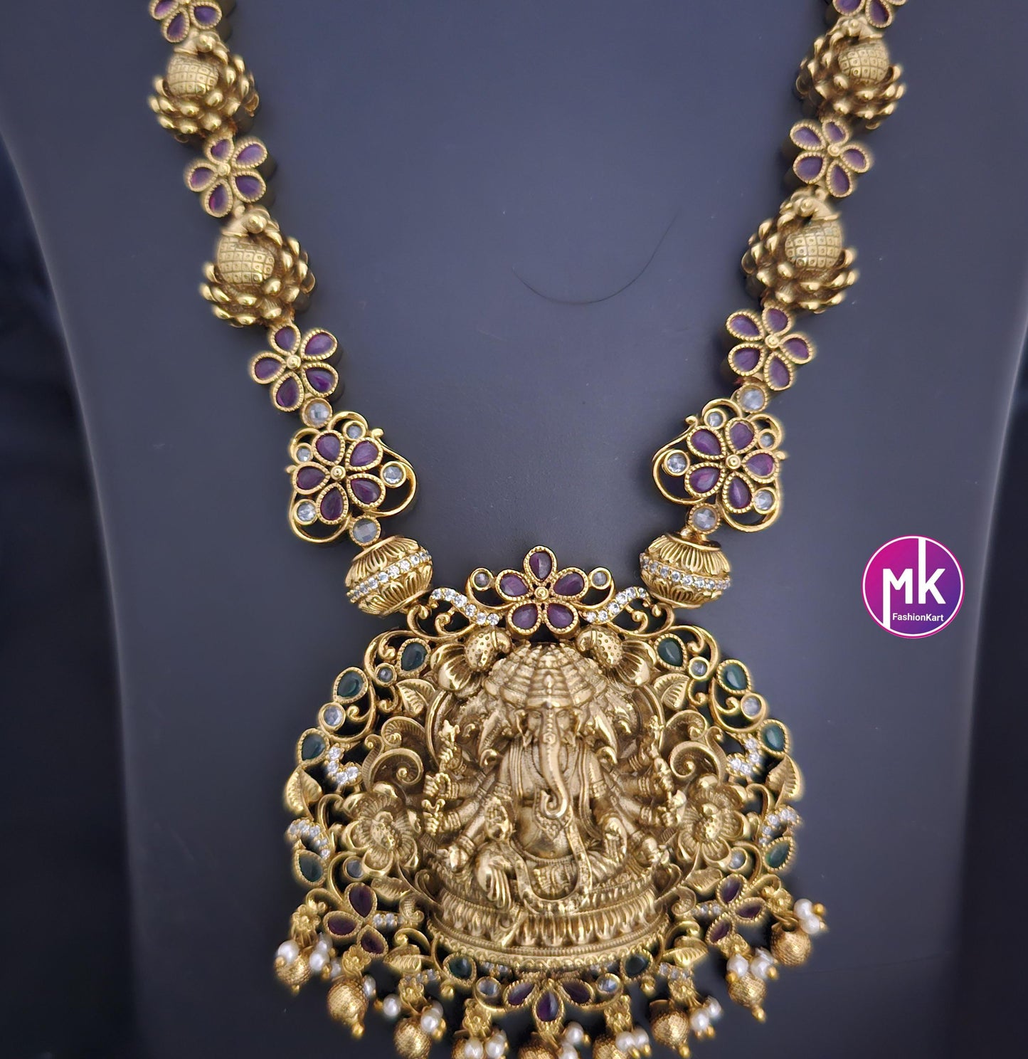 Panchmukh Ganesa Premium quality Gold Jewelry Replica Haram with big pendent with matching Big Earrings - Bridal Haram - MK Fashionkart