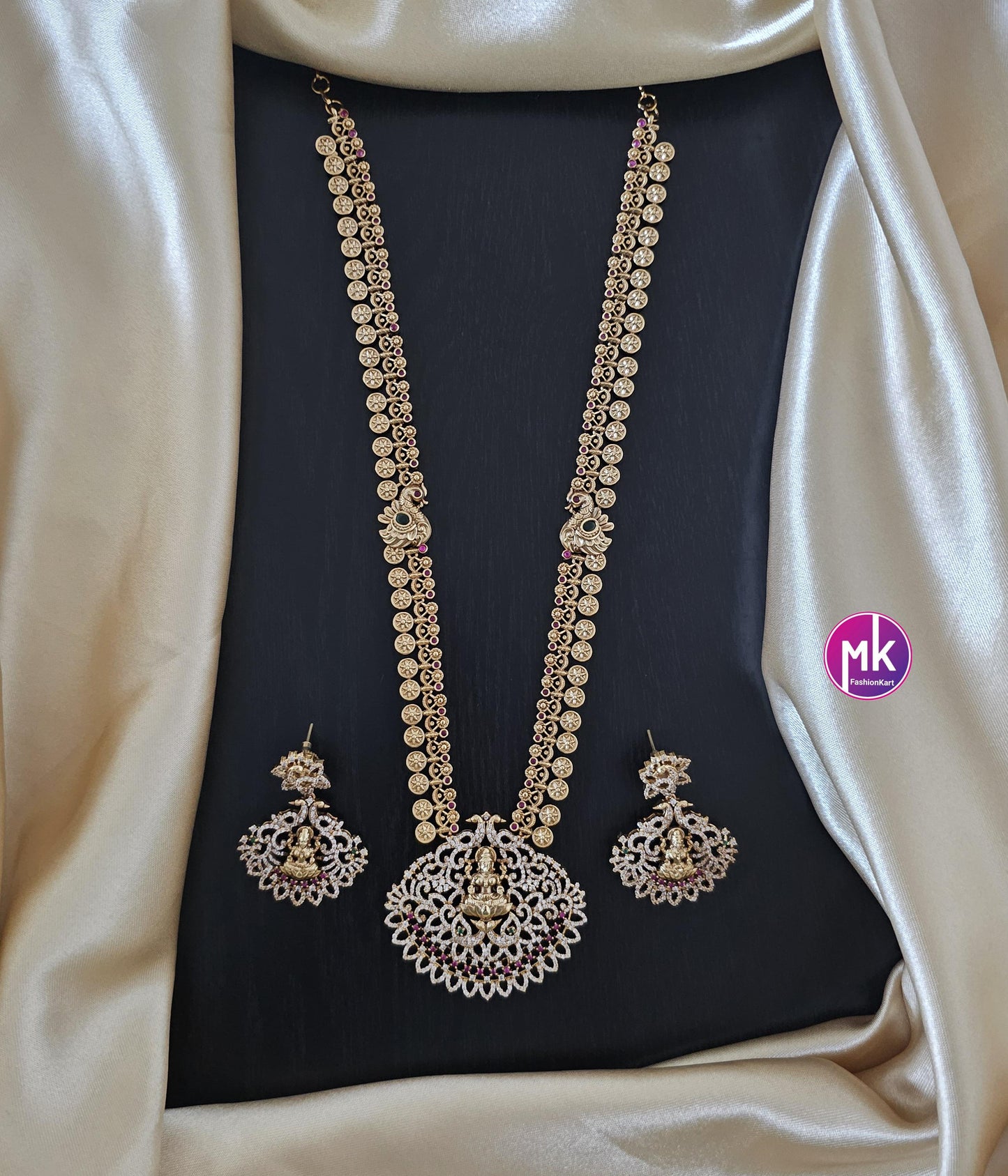Lakshmi Peacock Premium quality Gold Jewelry Replica AD/CZ stone Haram with pendent with matching Earrings - Bridal Haram - MK Fashionkart