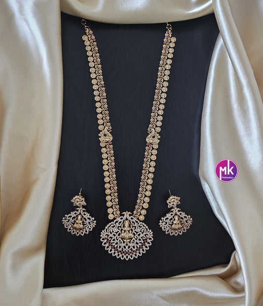 Lakshmi Peacock Premium quality Gold Jewelry Replica AD/CZ stone Haram with pendent with matching Earrings - Bridal Haram - MK Fashionkart