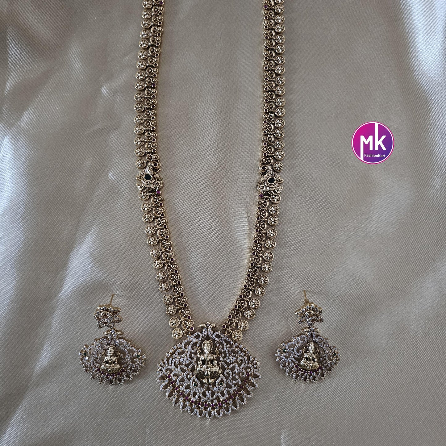 Lakshmi Peacock Premium quality Gold Jewelry Replica AD/CZ stone Haram with pendent with matching Earrings - Bridal Haram - MK Fashionkart