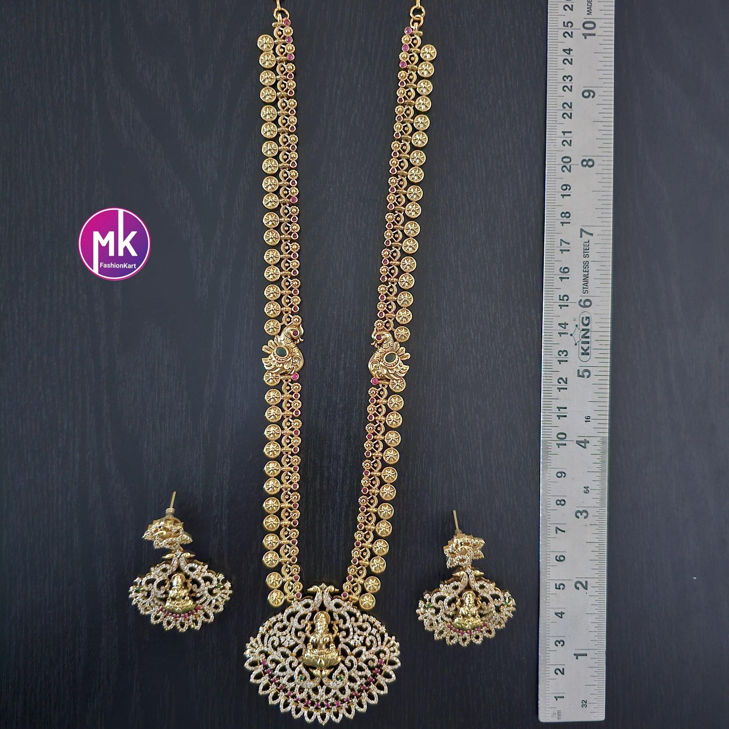 Lakshmi Peacock Premium quality Gold Jewelry Replica AD/CZ stone Haram with pendent with matching Earrings - Bridal Haram - MK Fashionkart