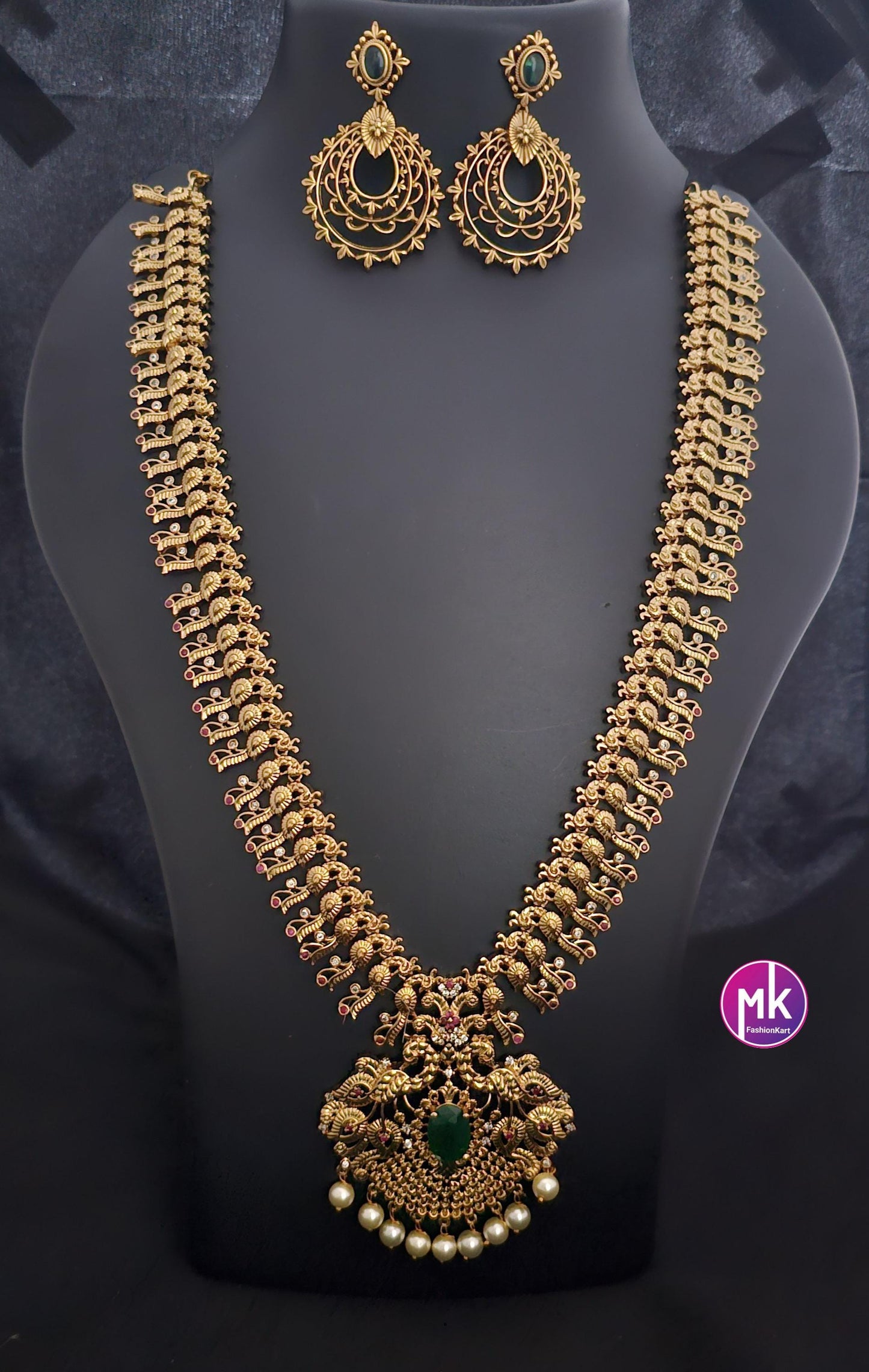 Peacock Premium quality AD stone Haram with big pendent with matching big Earrings - Bridal Haram - MK Fashionkart - Fashion Jewelry