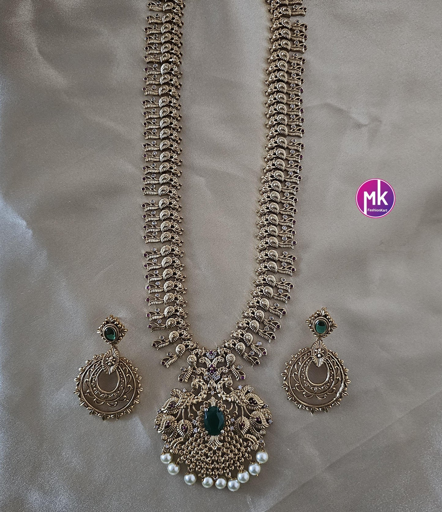 Peacock Premium quality AD stone Haram with big pendent with matching big Earrings - Bridal Haram - MK Fashionkart - Fashion Jewelry