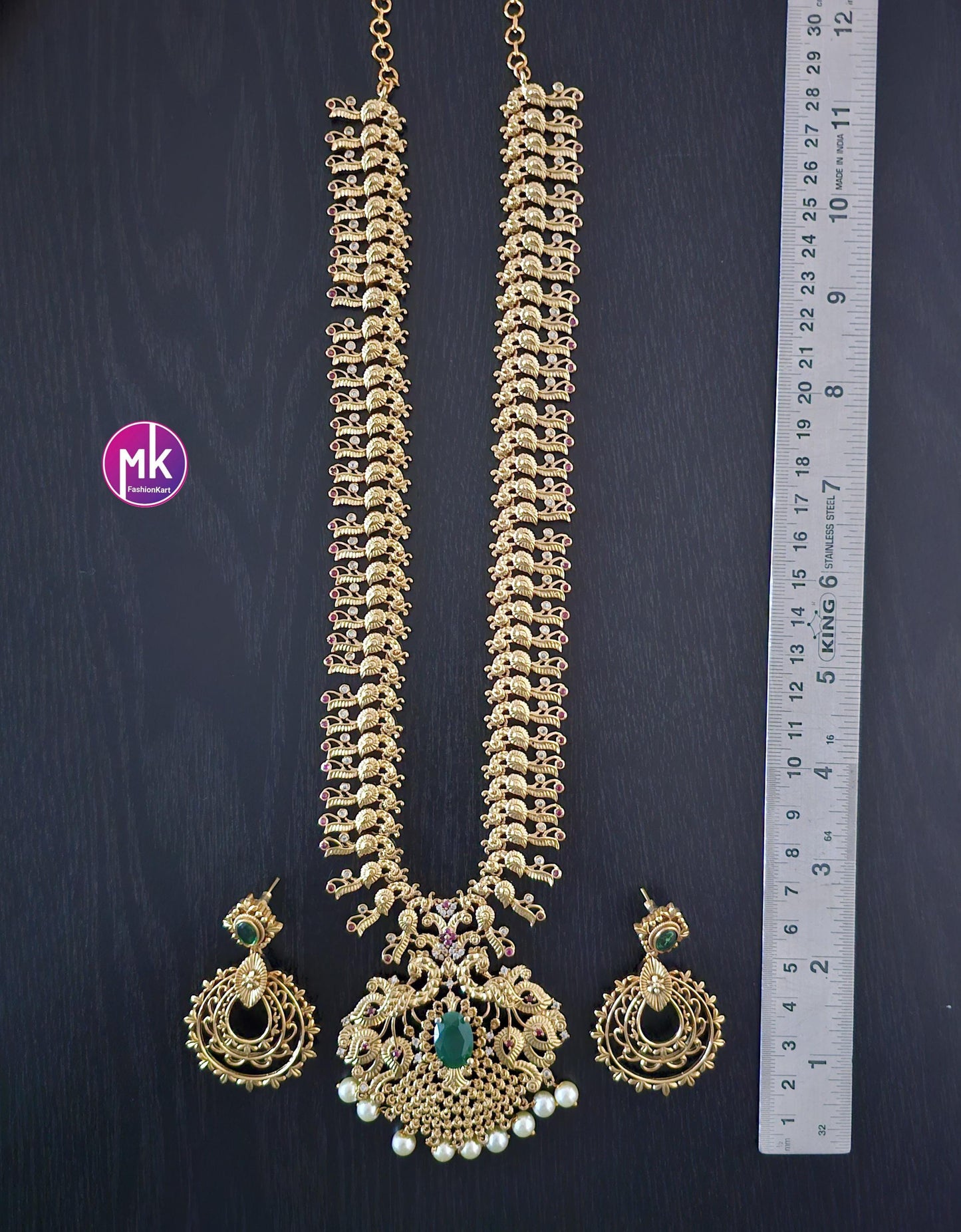 Peacock Premium quality AD stone Haram with big pendent with matching big Earrings - Bridal Haram - MK Fashionkart - Fashion Jewelry