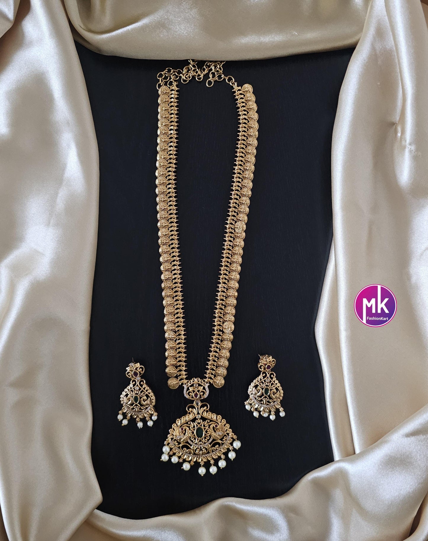 Lakshmi Kasu Premium quality AD/CZ stones Matte Gold finish Haram with matching Earrings - Gold Replica - Bridal Haram - MK Fashionkart