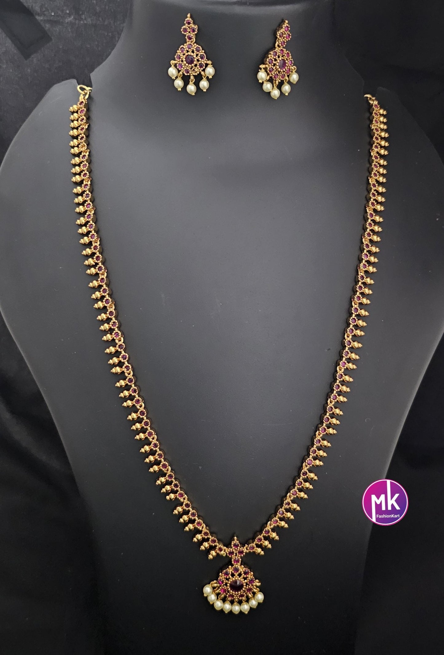 Premium quality Matte gold finish AD Pink stone Simple Haram with cute Earrings - Traditional Jewelry - MK Fashionkart