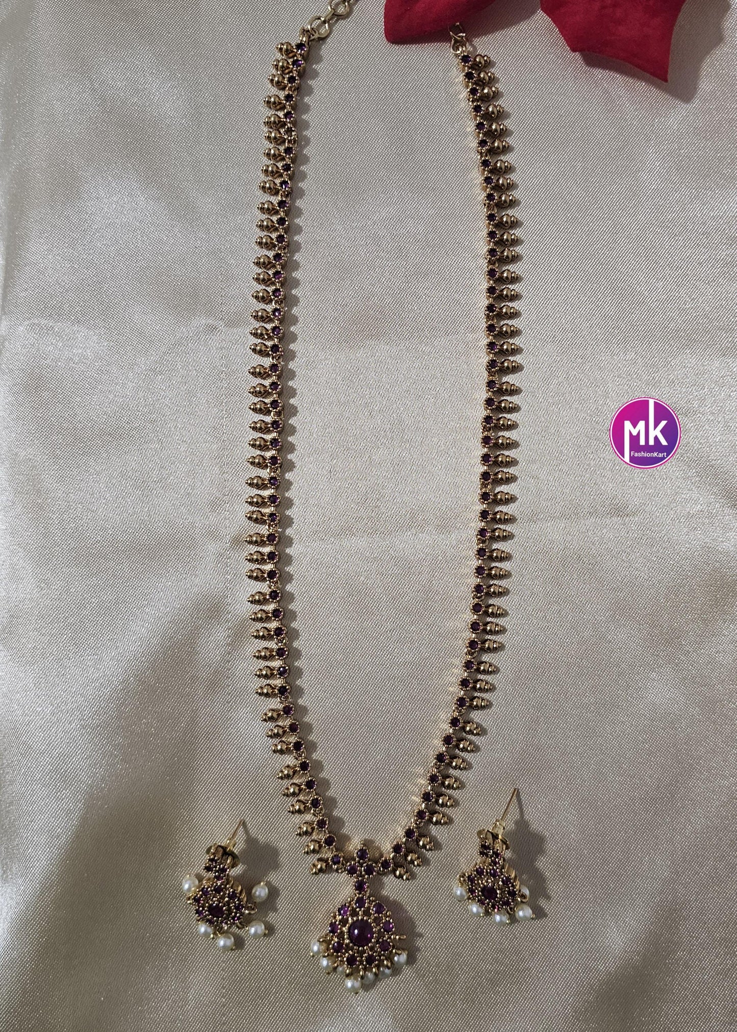 Premium quality Matte gold finish AD Pink stone Simple Haram with cute Earrings - Traditional Jewelry - MK Fashionkart