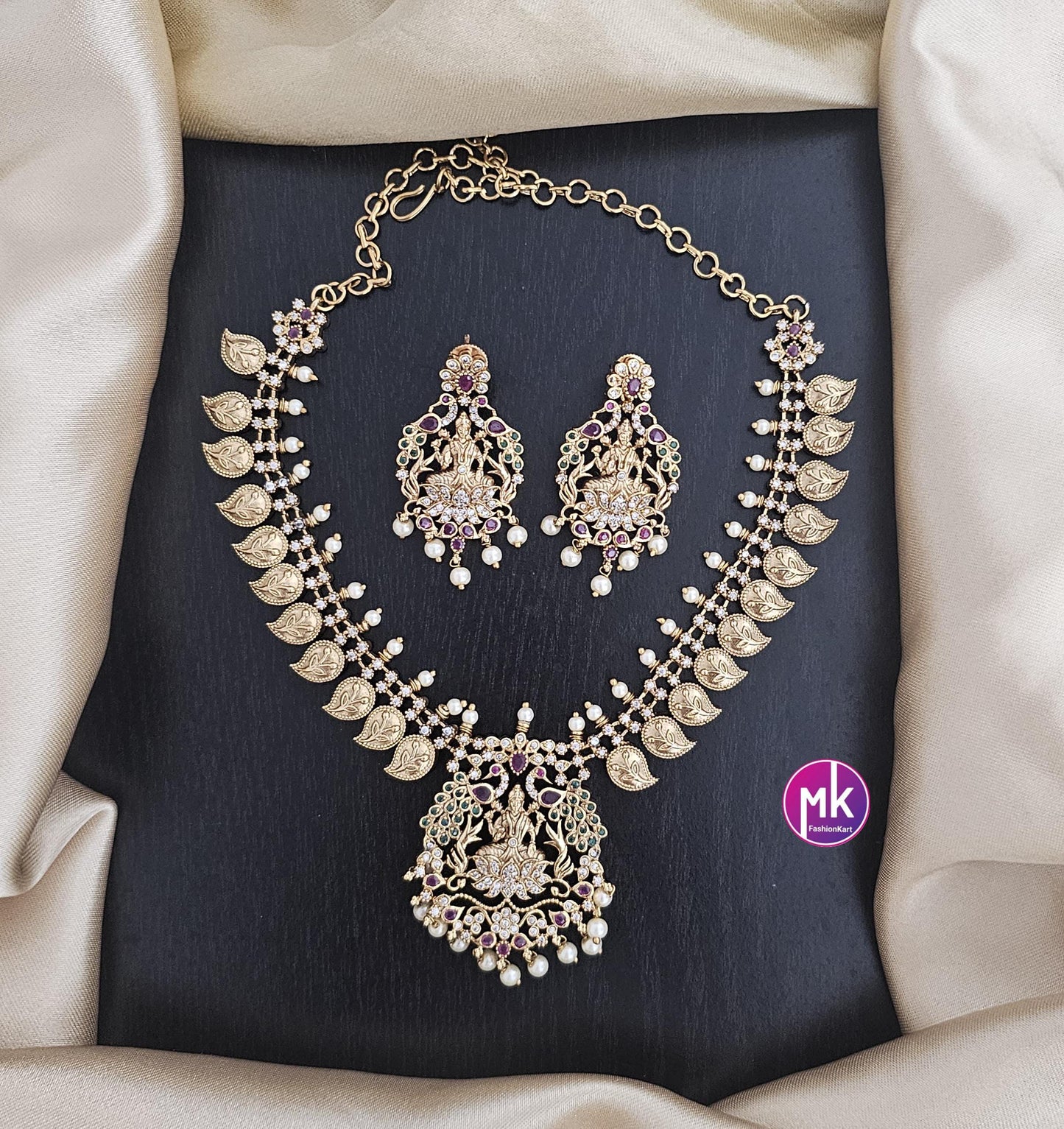 Premium Quality Lakshmi design Mango AD/CZ stone Necklace with matching Earrings - Bridal Necklace - Gold Jewelry Replica - MK Fashionkart