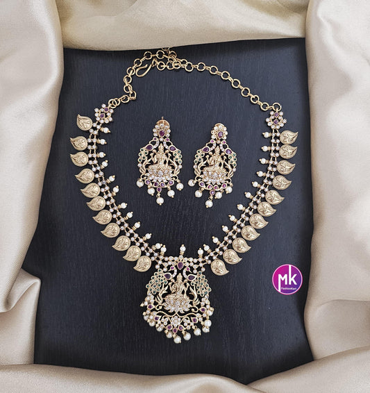 Premium Quality Lakshmi design Mango AD/CZ stone Necklace with matching Earrings - Bridal Necklace - Gold Jewelry Replica - MK Fashionkart