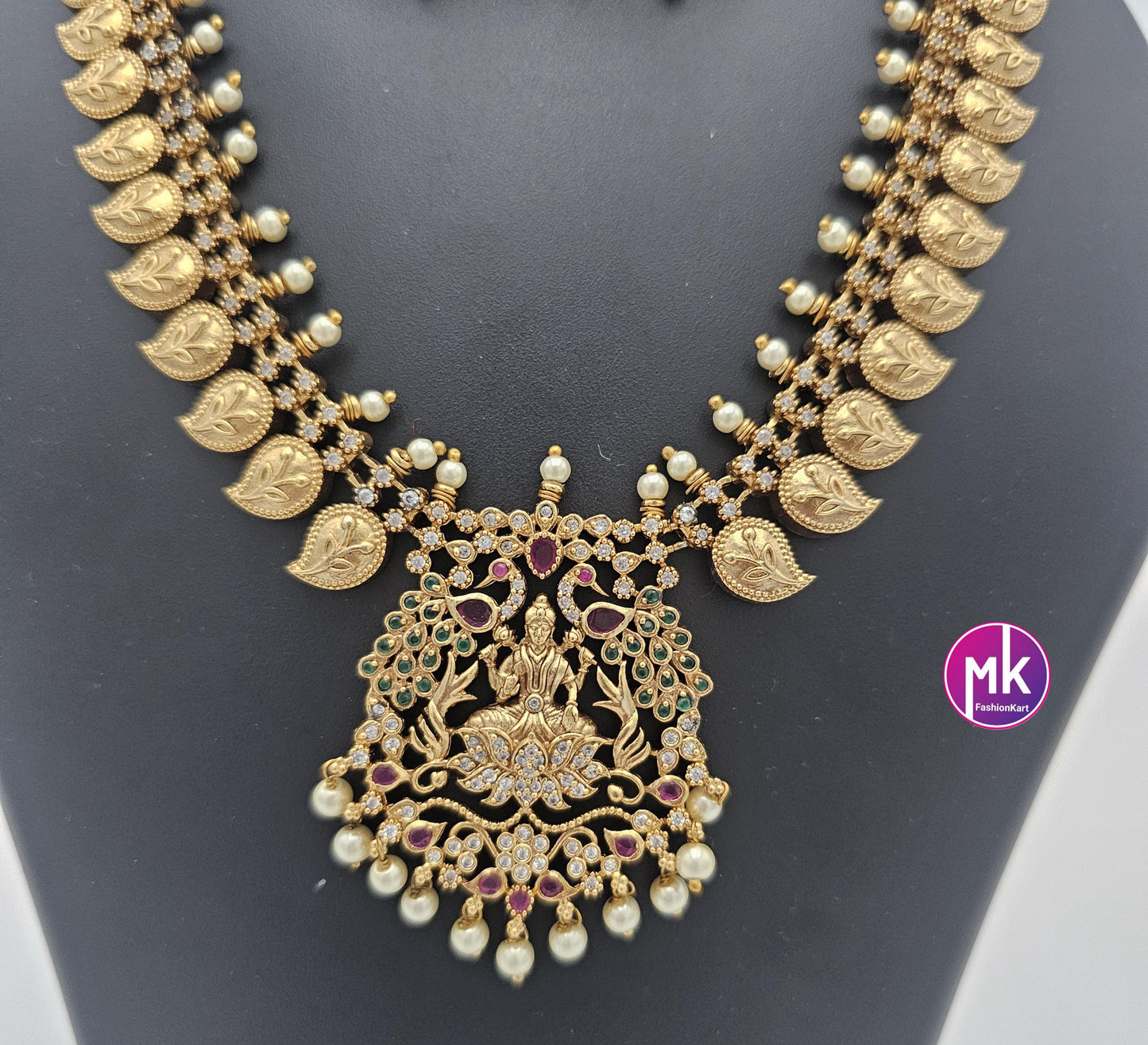 Premium Quality Lakshmi design Mango AD/CZ stone Necklace with matching Earrings - Bridal Necklace - Gold Jewelry Replica - MK Fashionkart