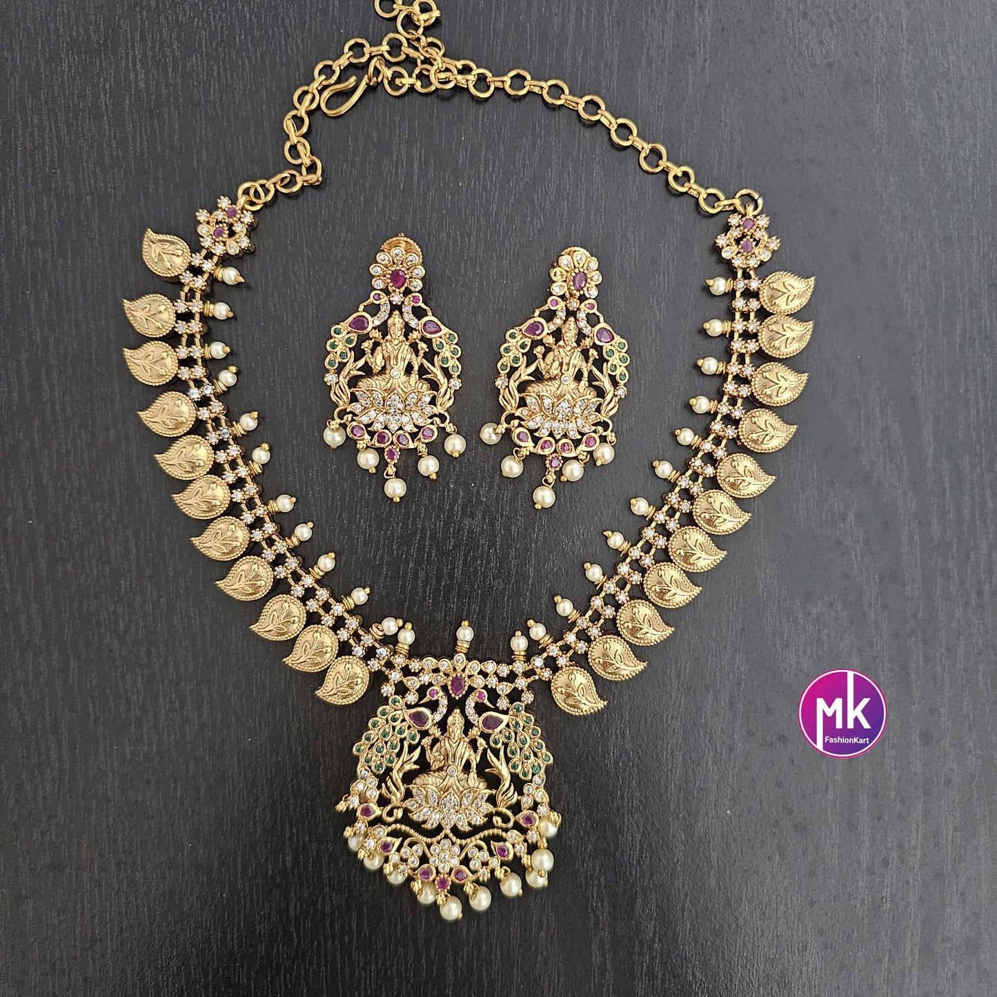 Premium Quality Lakshmi design Mango AD/CZ stone Necklace with matching Earrings - Bridal Necklace - Gold Jewelry Replica - MK Fashionkart