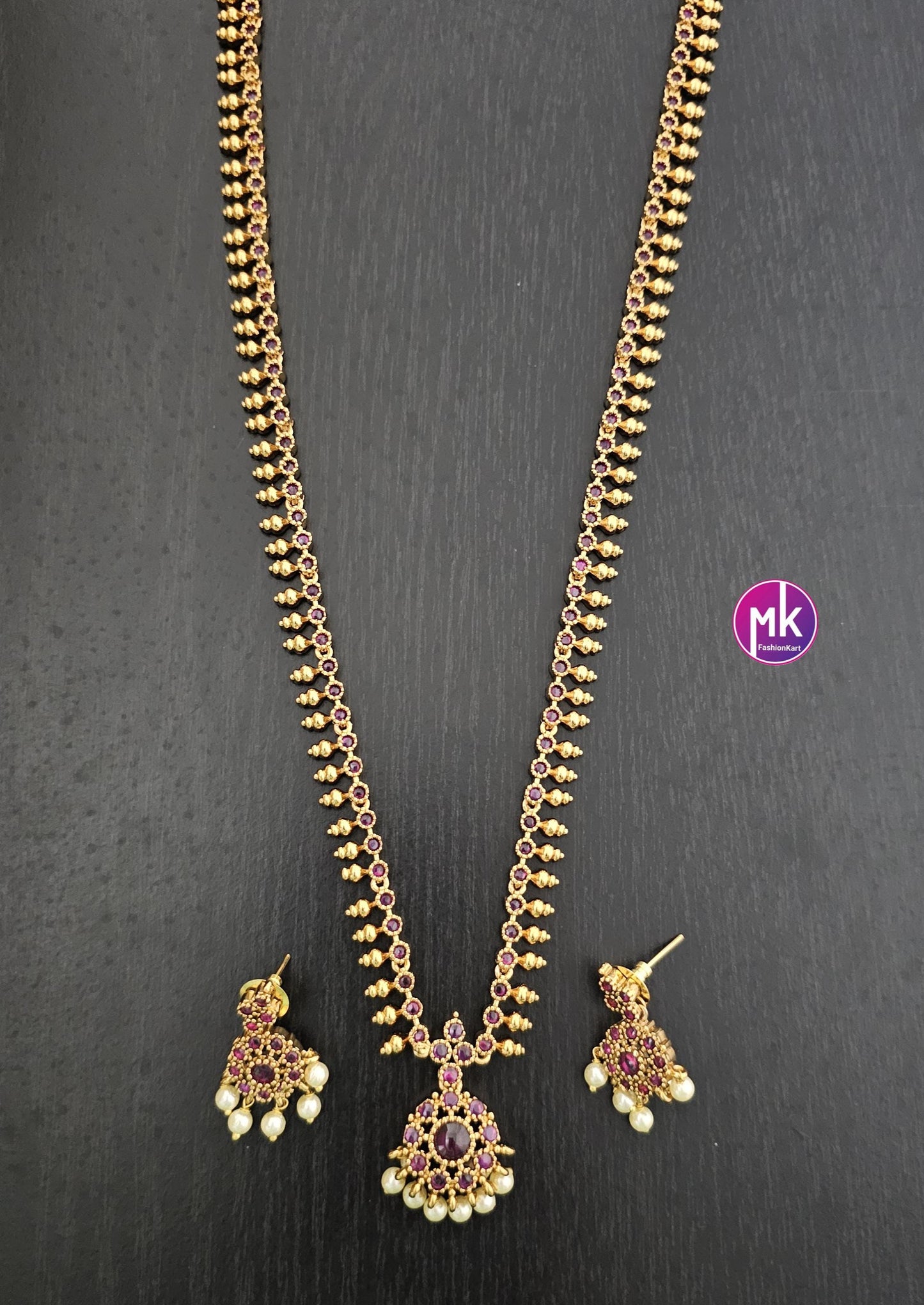 Premium quality Matte gold finish AD Pink stone Simple Haram with cute Earrings - Traditional Jewelry - MK Fashionkart