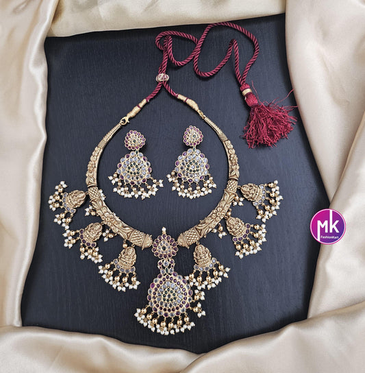 Lakshmi Premium quality Kemp stone Matt gold finish big Necklace with pendent matching and big Earrings - Bridal Necklace - MK Fashionkart