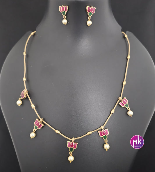 Lotus Meenakari work trendy simple Necklace with matching Earrings - Fashion Jewelry - Mk Fashionkart