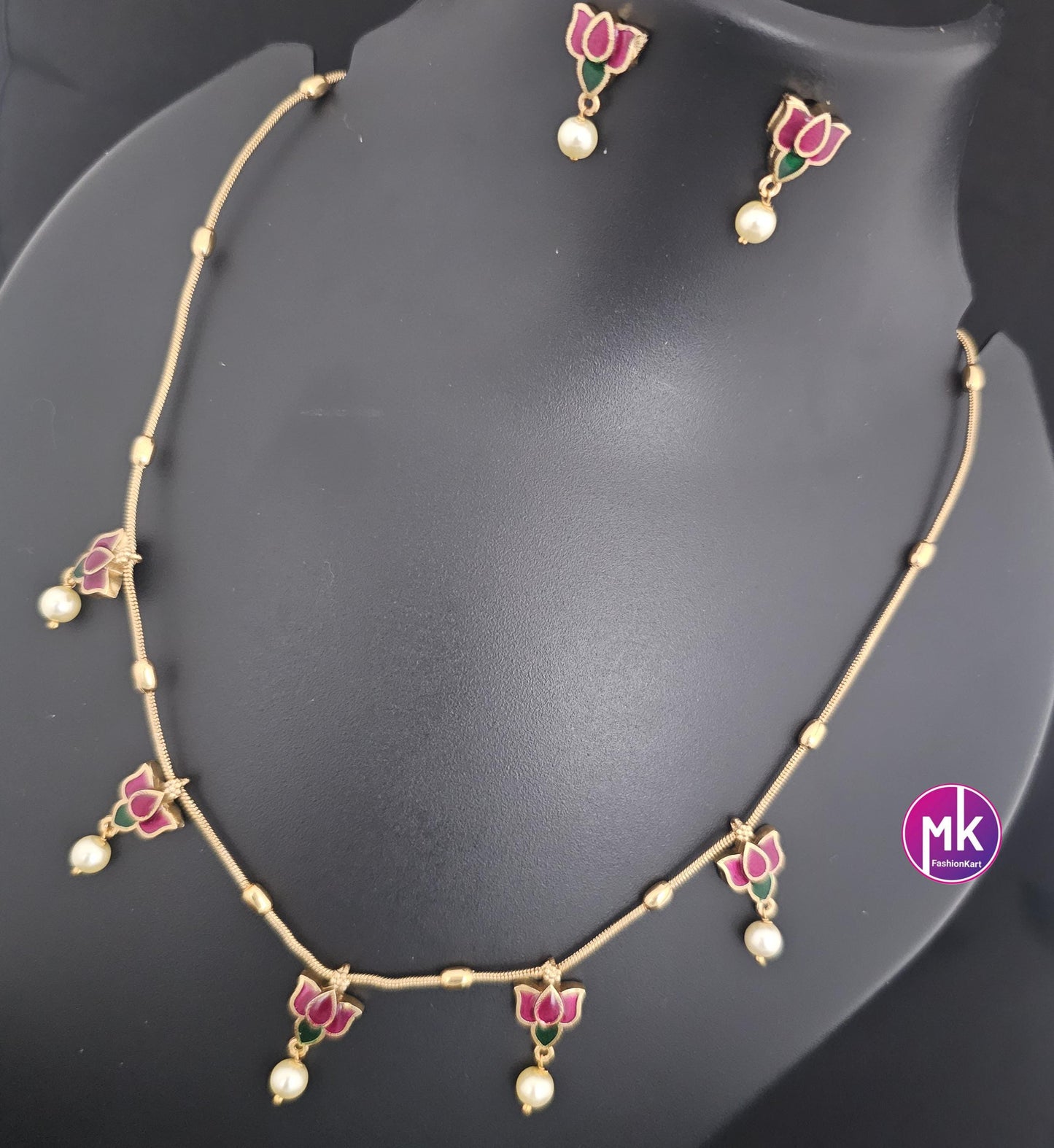Lotus Meenakari work trendy simple Necklace with matching Earrings - Fashion Jewelry - Mk Fashionkart
