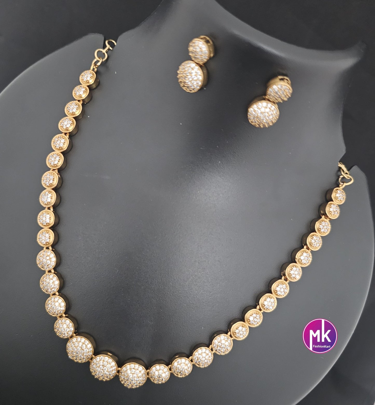 Flower design Matte gold finish AD stone necklace with matching Earrings - Stone Necklace for Adult cum Teen Necklace - MK Fashionkart