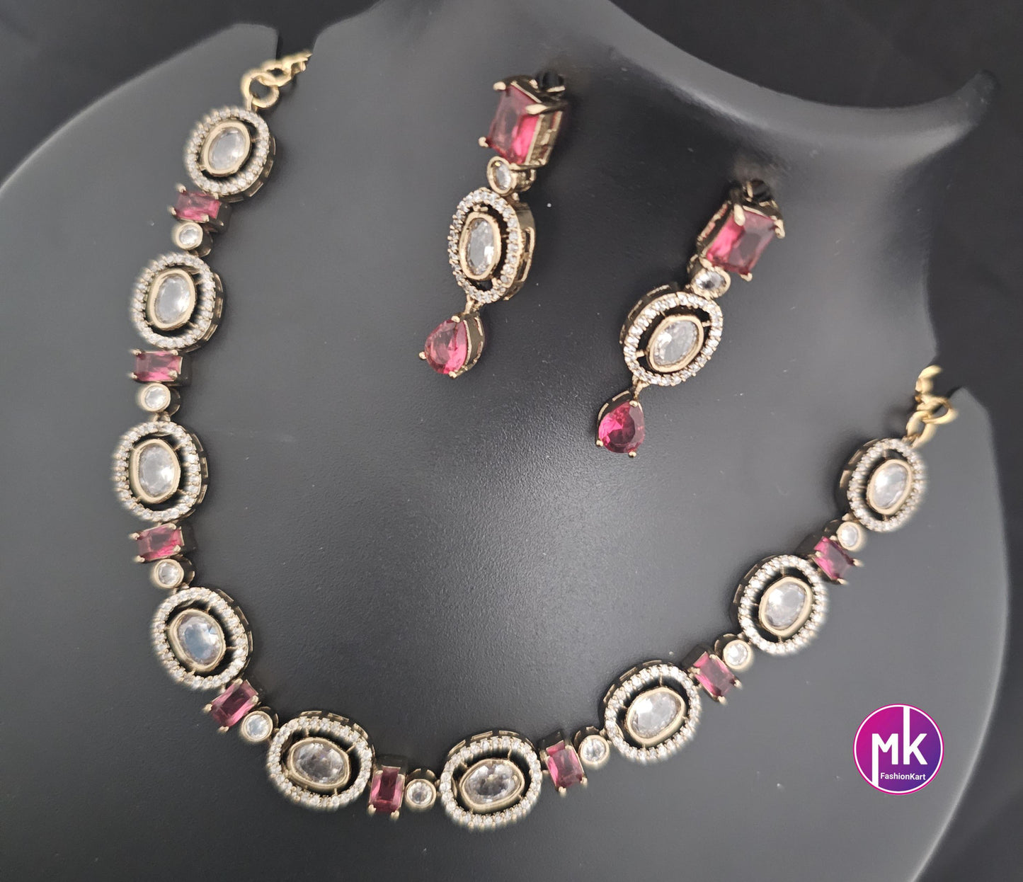 Celebrity Style Red wine color AD stone and CZ stone Necklace with matching Earrings - Fashion Jewelry - MK Fashionkart