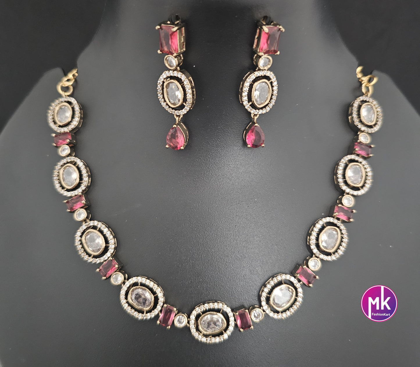 Celebrity Style Red wine color AD stone and CZ stone Necklace with matching Earrings - Fashion Jewelry - MK Fashionkart
