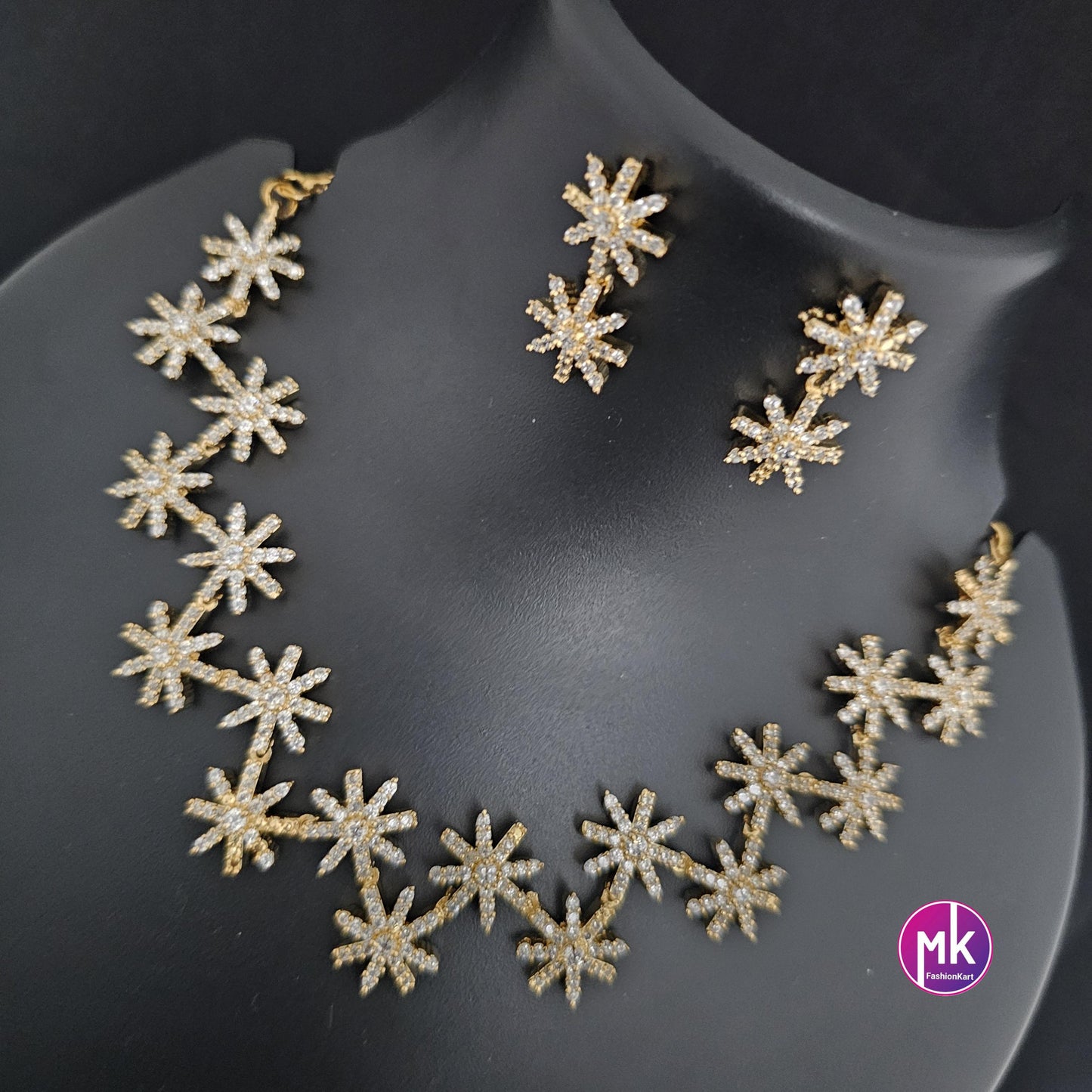 Premium star design Gold finish AD stone necklace with matching Earrings - Adult cum Teen Necklace - Mk Fashionkart