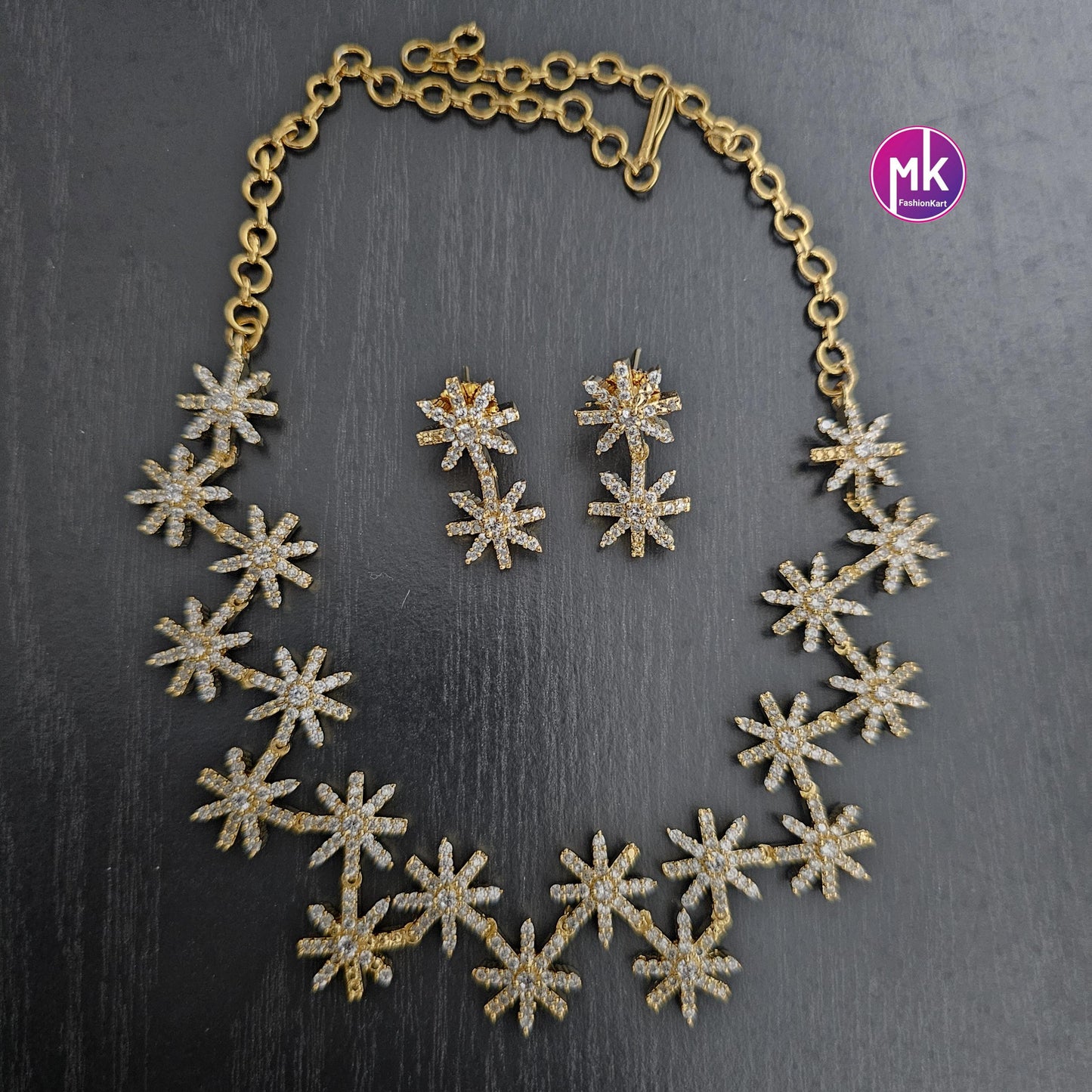 Premium star design Gold finish AD stone necklace with matching Earrings - Adult cum Teen Necklace - Mk Fashionkart