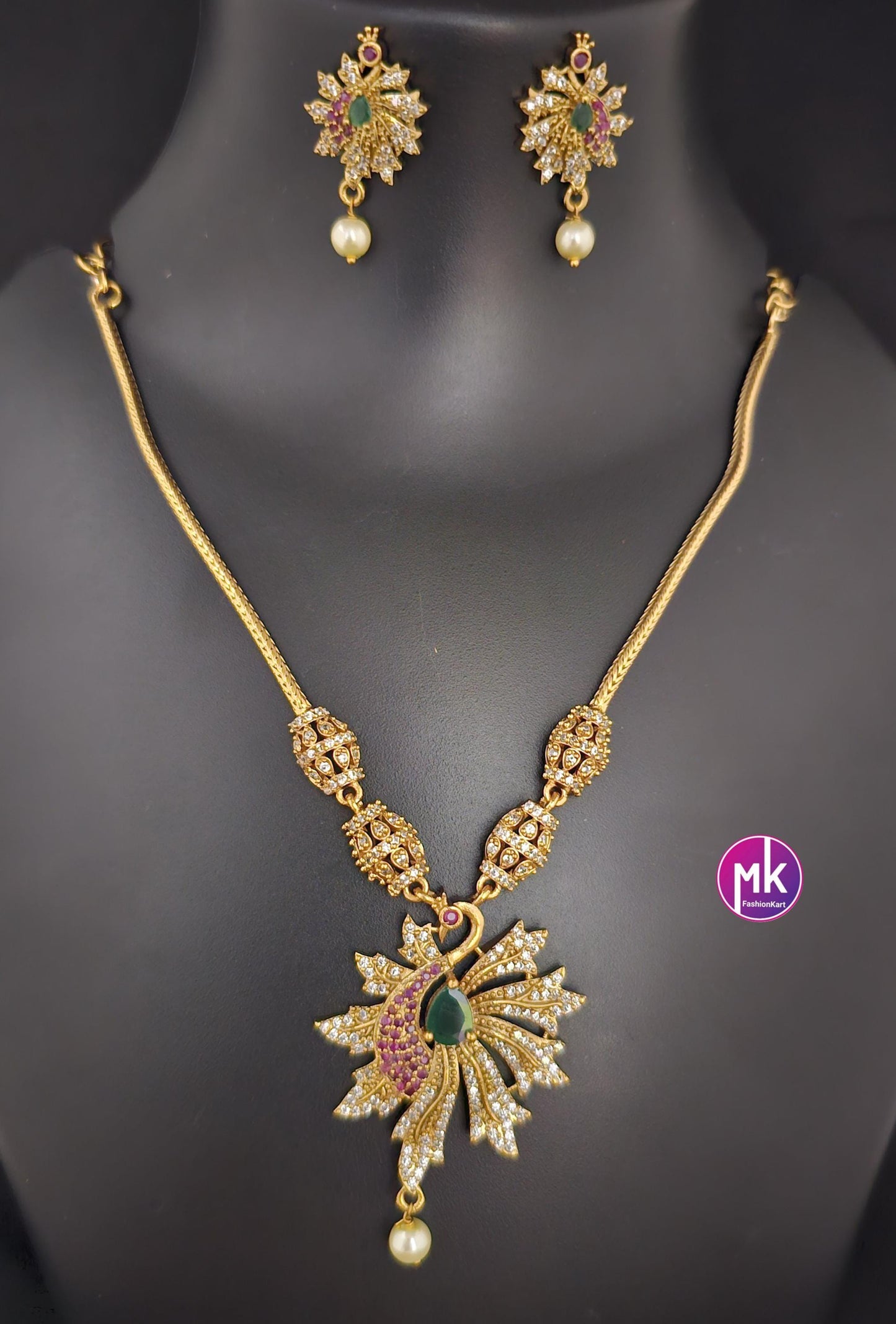 Premium quality peacock design Multi-color AD stones Necklace with cute Earrings with hanging pearls - Fashion Jewelry - MK Fashionkart