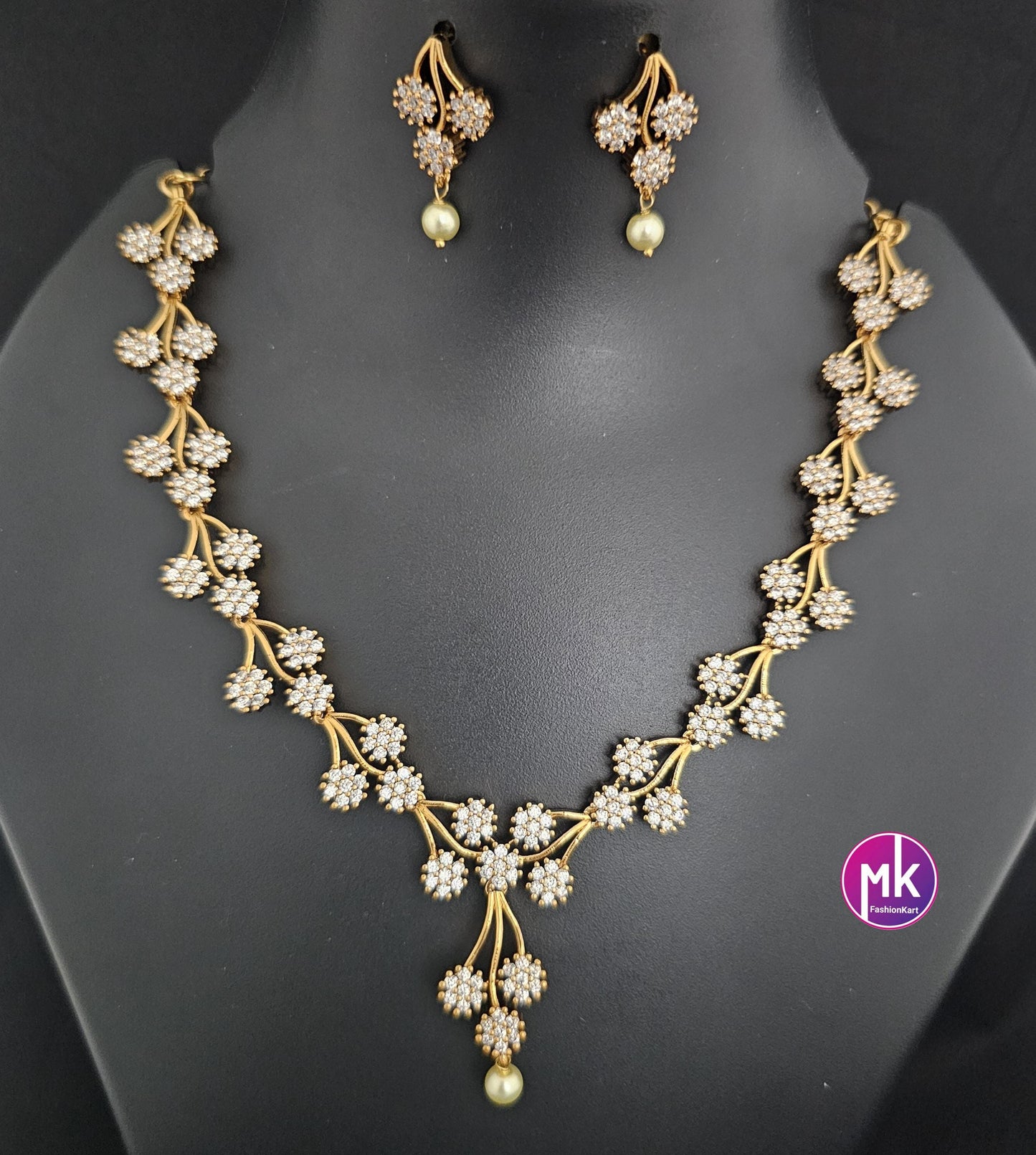 Premium Flower design Gold finish AD stone necklace with matching Earrings - Adult cum Teen Necklace - Mk Fashionkart