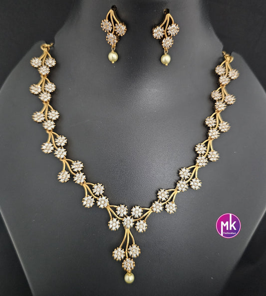 Premium Flower design Gold finish AD stone necklace with matching Earrings - Adult cum Teen Necklace - Mk Fashionkart
