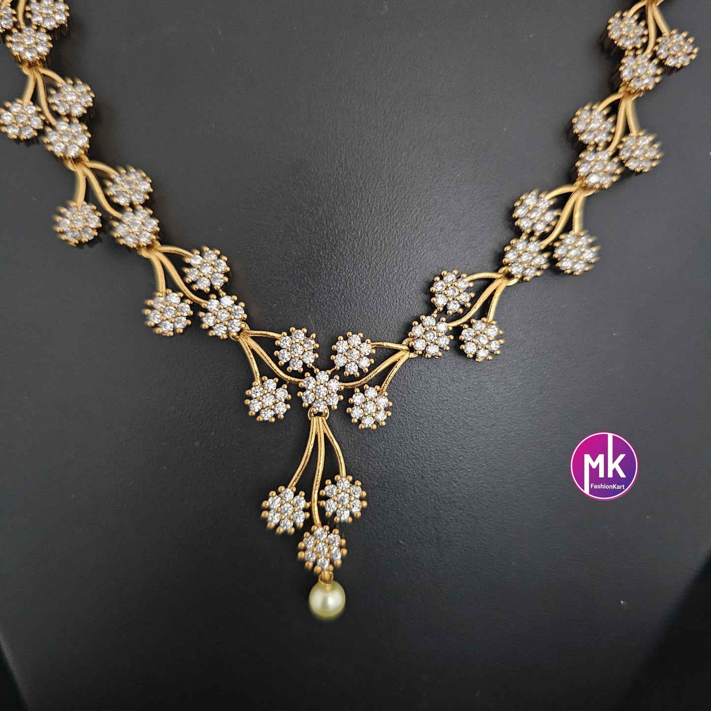 Premium Flower design Gold finish AD stone necklace with matching Earrings - Adult cum Teen Necklace - Mk Fashionkart