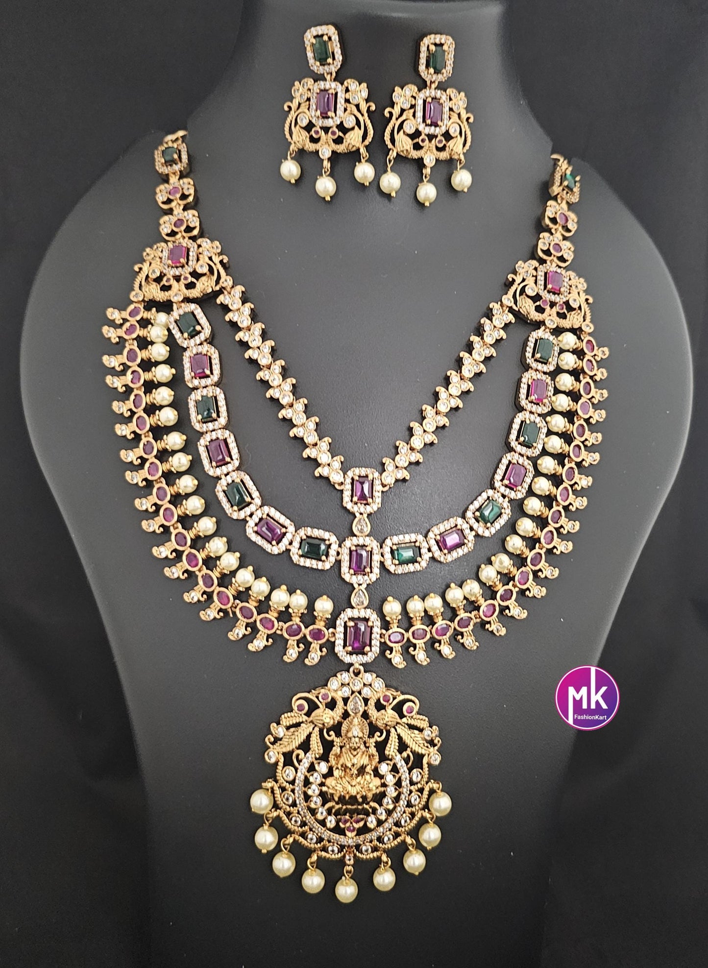Lakshmi Premium quality AD/CZ stone Matte gold finish three layer Necklace with pendent matching Earrings - Bridal Necklace - MK Fashionkart