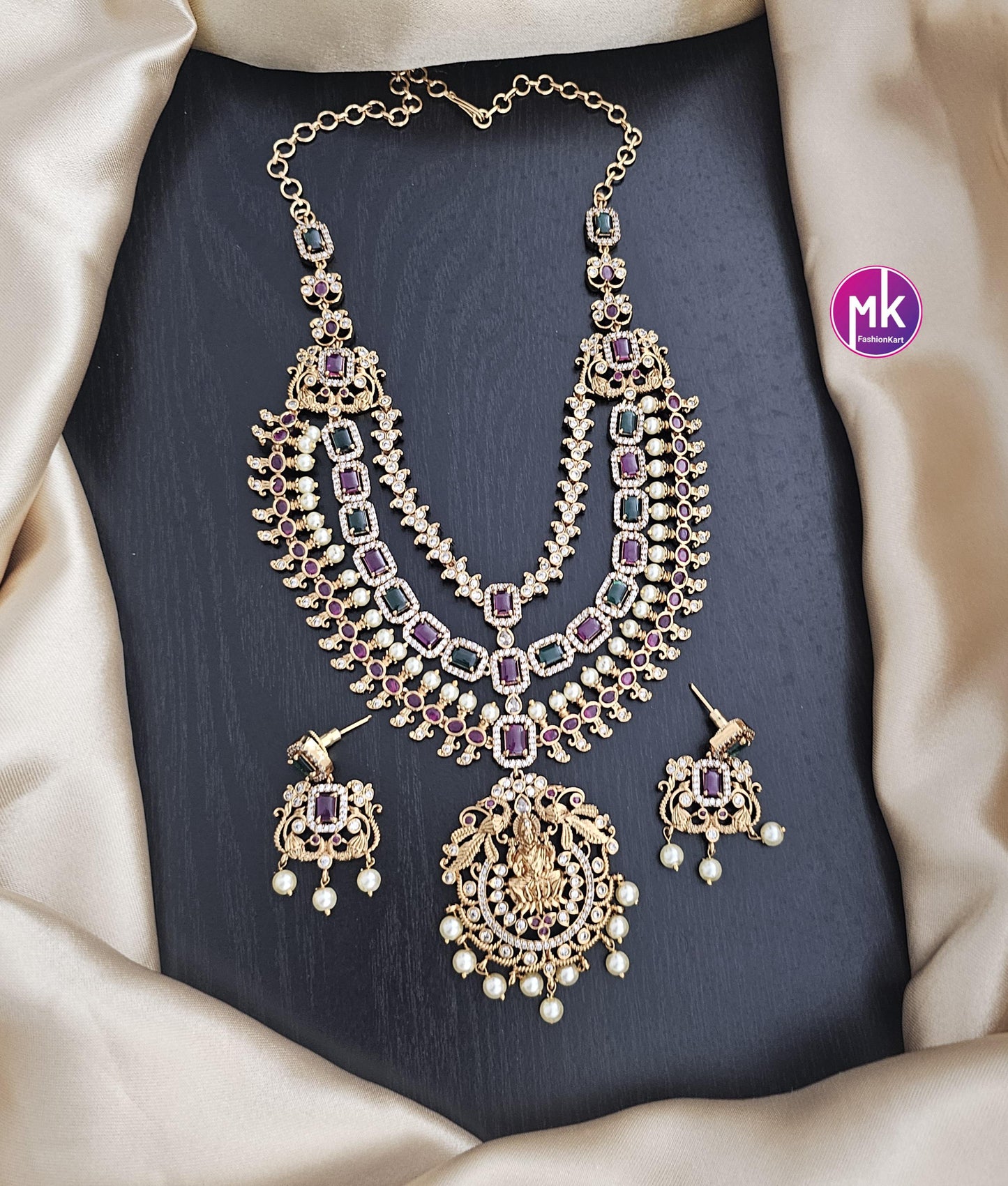 Lakshmi Premium quality AD/CZ stone Matte gold finish three layer Necklace with pendent matching Earrings - Bridal Necklace - MK Fashionkart