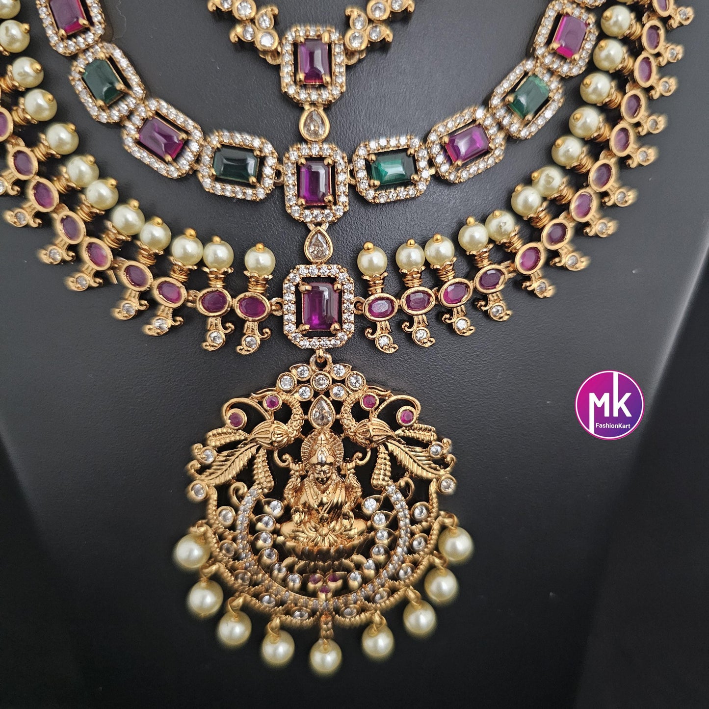 Lakshmi Premium quality AD/CZ stone Matte gold finish three layer Necklace with pendent matching Earrings - Bridal Necklace - MK Fashionkart