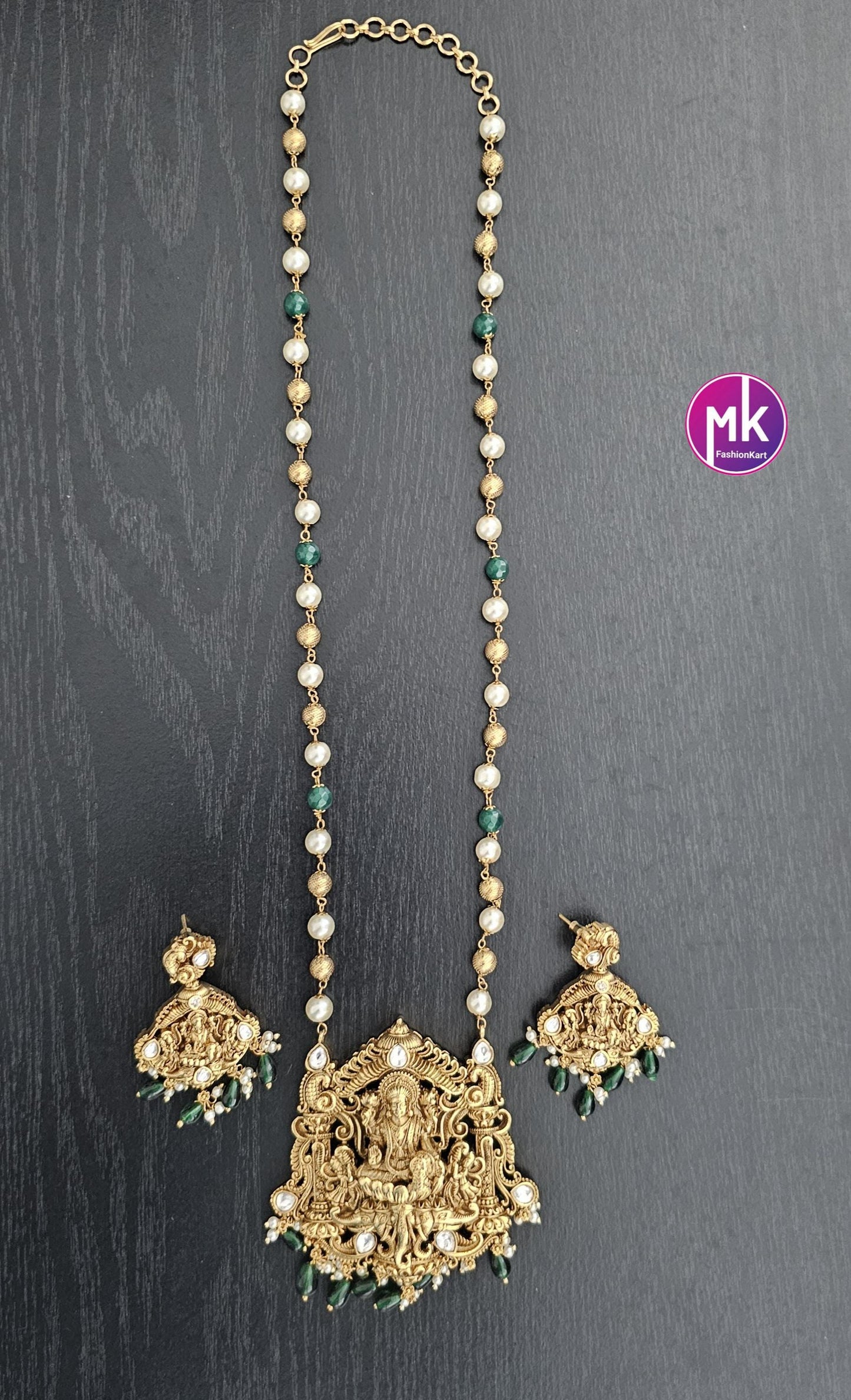 Celebrity Style Lakshmi Matte gold finish AD stones Big Pendent with and pearls, gold bead mala - Bridal Jewelry - MK Fashionkart