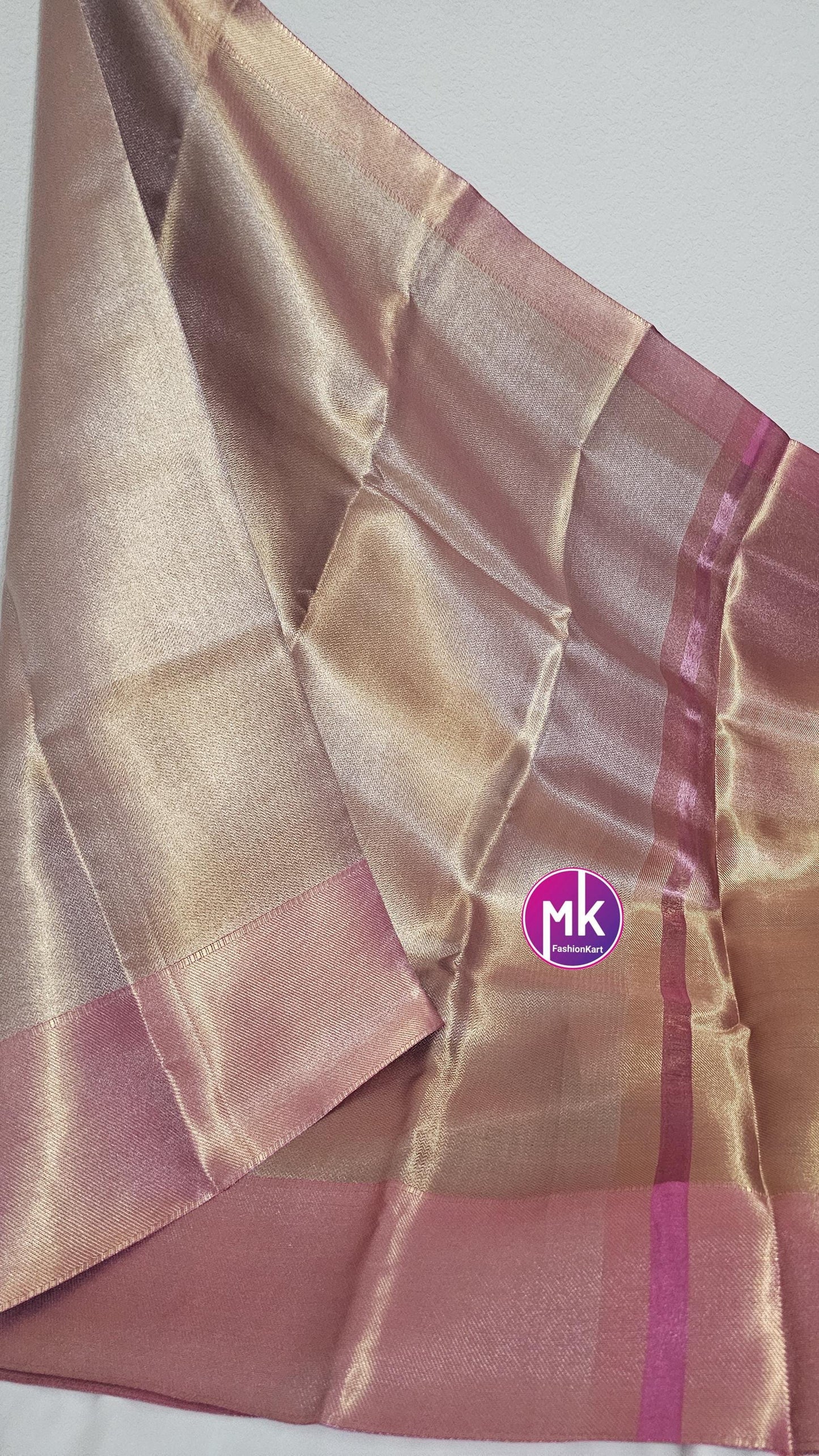 Celebrity Style (Jyothika Ma'am Inspired) Banarasi Fancy Tissue Soft Silk Saree w running blouse (unstitched) - Dual Shade Gold Pink Saree
