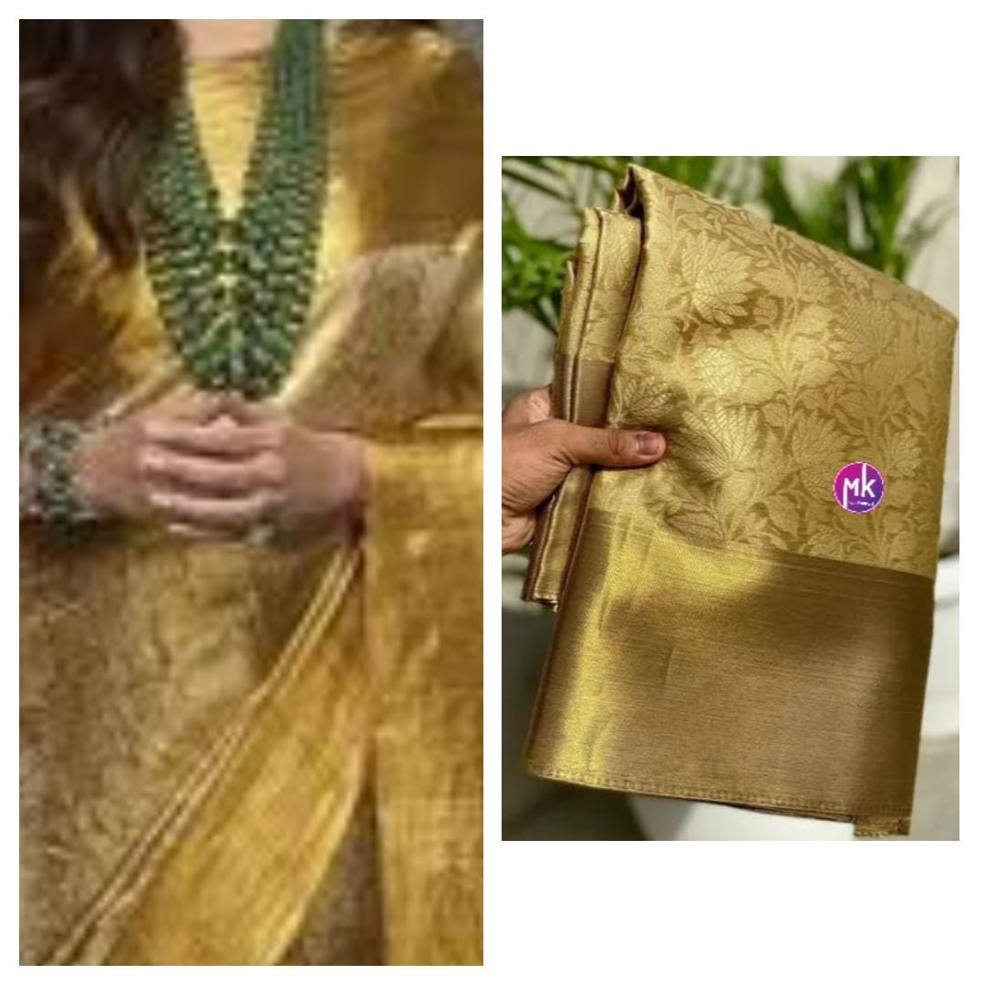 Celebrity Style (Nita Ambani Inspired) Banarasi Brocade Tissue Silk Saree w floral design Embossed saree w running blouse (unstitched)